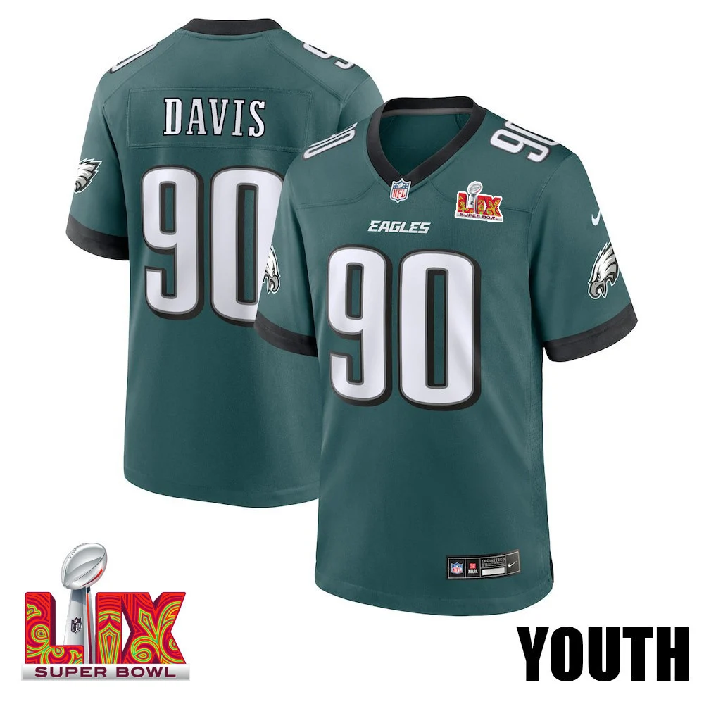 Jordan Davis #90 Philadelphia Eagles Super Bowl LIX YOUTH Jersey - Midnight Green