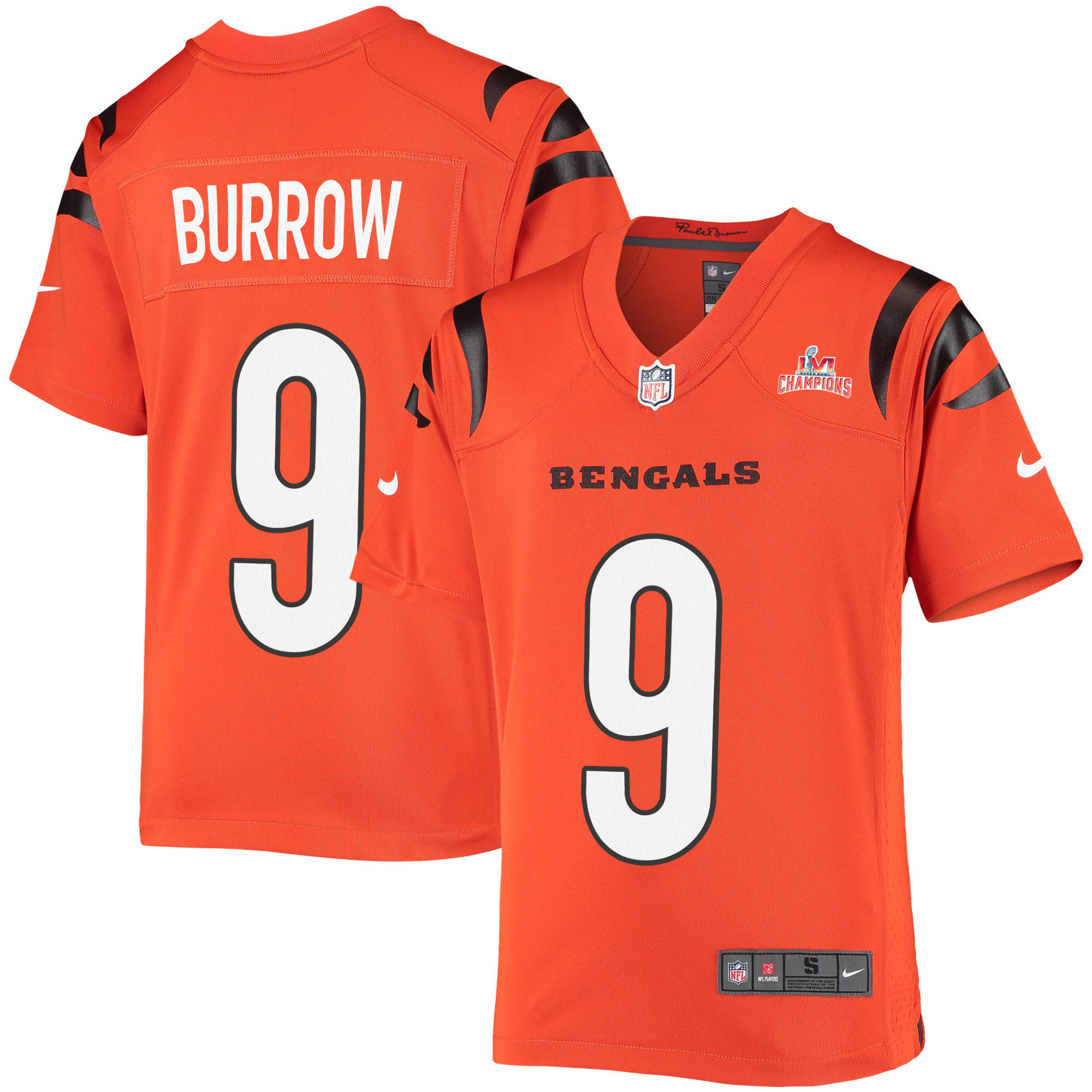 Super Bowl LVI Champions Cincinnati Bengals Joe Burrow 9 Orange Youth's Jersey Jersey