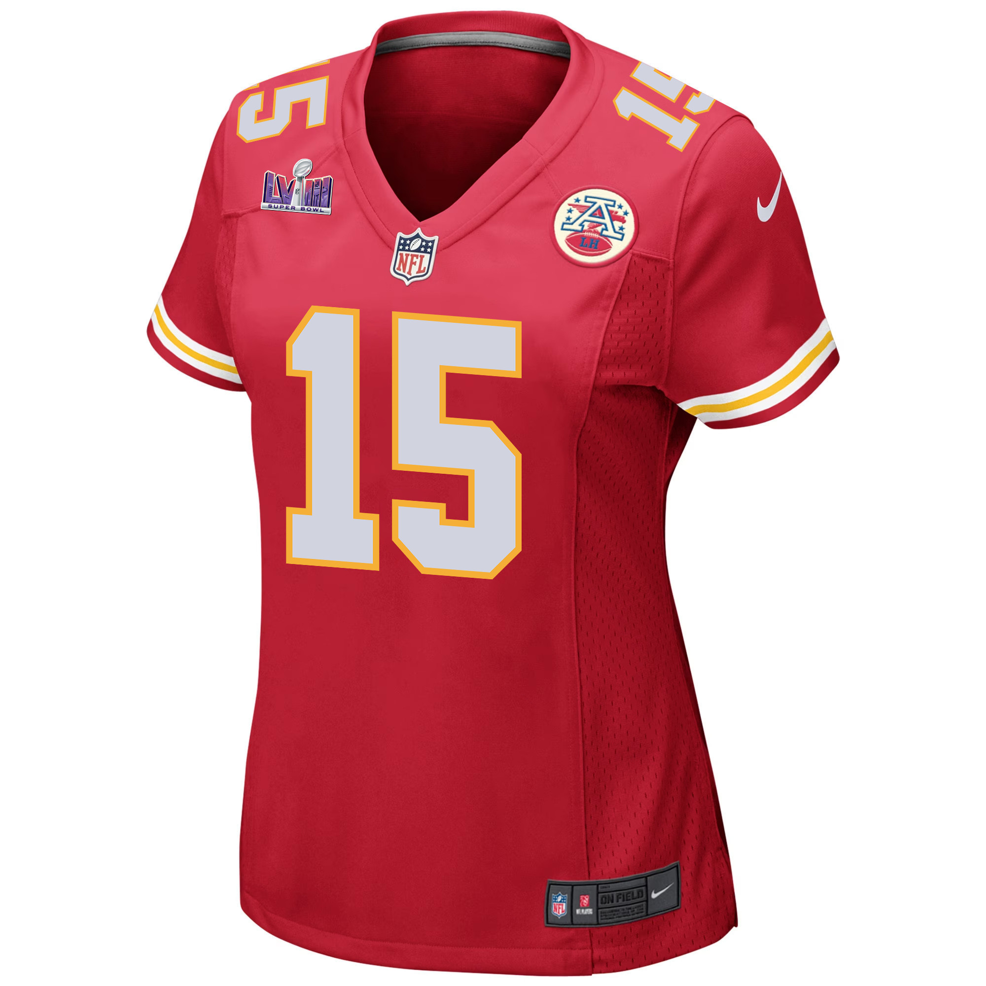 Patrick Mahomes 15 Kansas City Chiefs Super Bowl LVIII Patch Game Women Jersey - Red