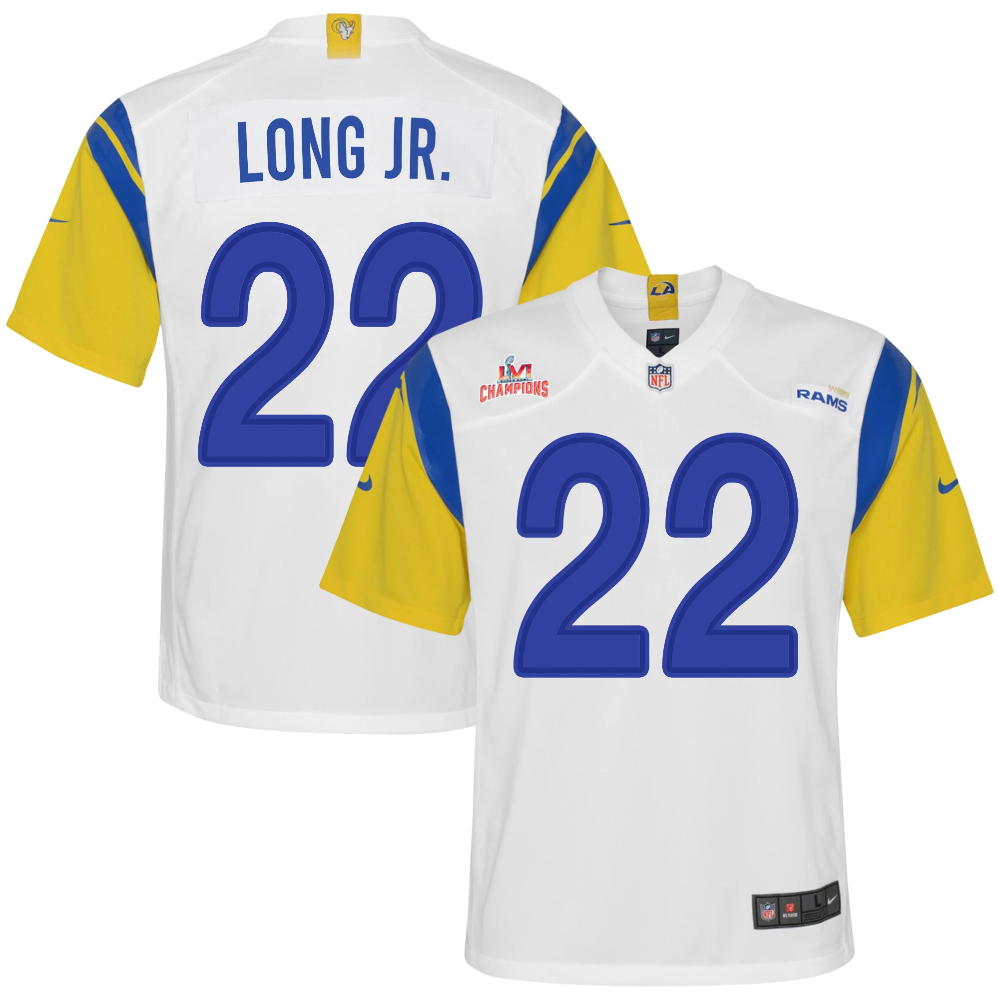 Super Bowl LVI Champions Los Angeles Rams David Long Jr. 22 White Youth's Jersey Jersey