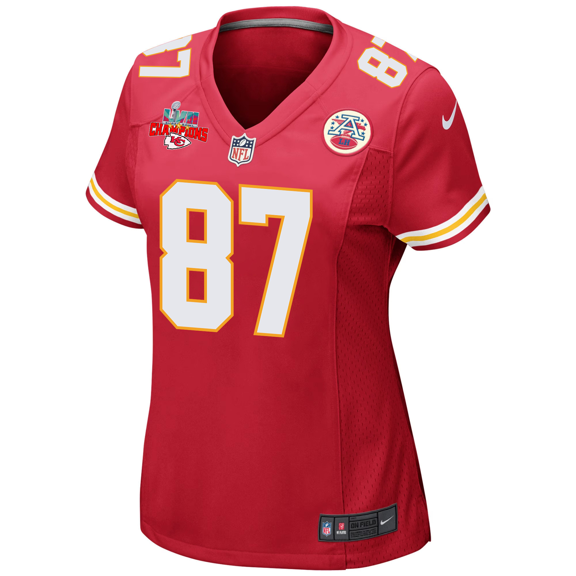 Travis Kelce 87 Kansas City Chiefs Super Bowl LVII Champions 3 Stars Women Game Jersey - Red