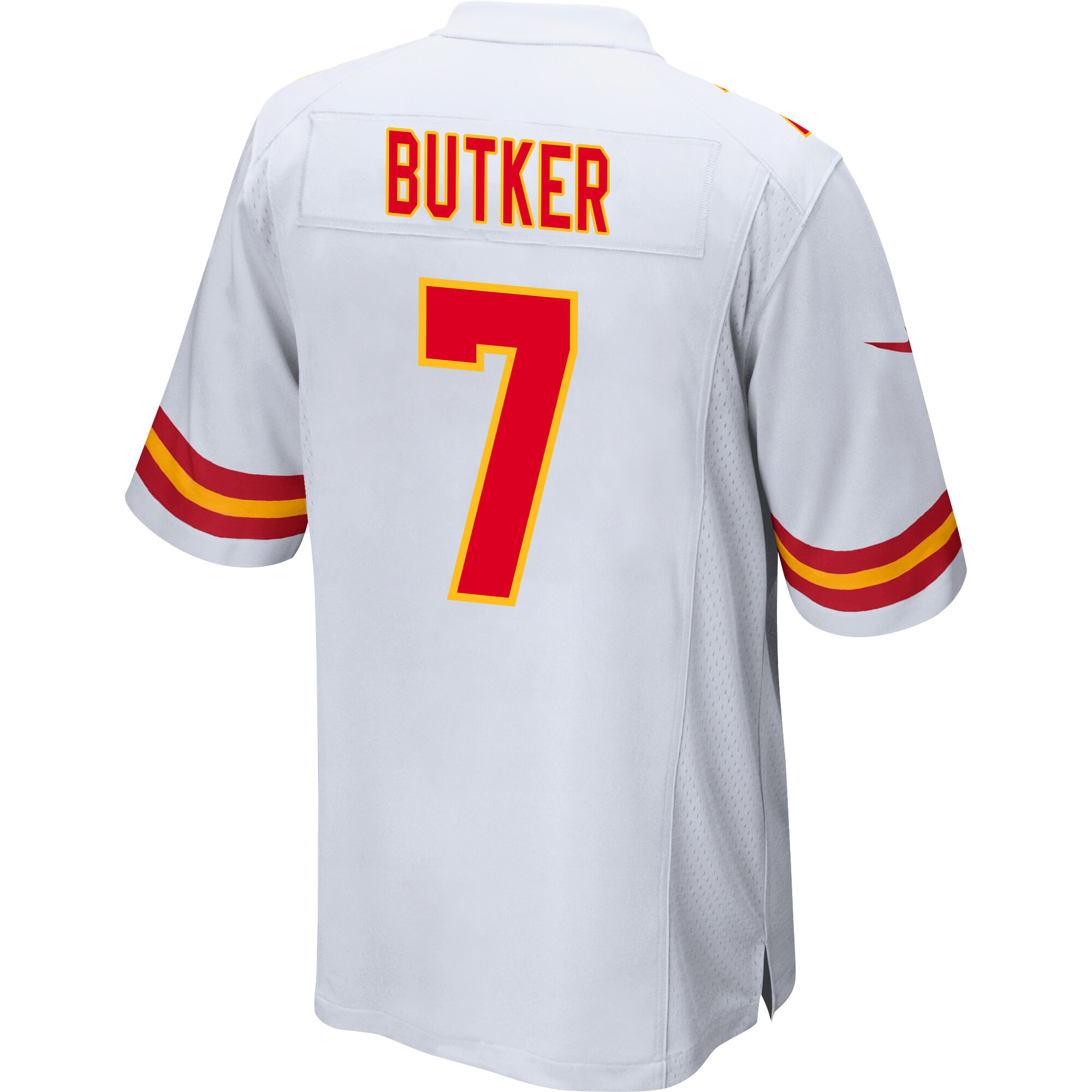 Harrison Butker 7 Kansas City Chiefs Super Bowl LVIII Champions 4 Stars Patch Game Men Jersey - White