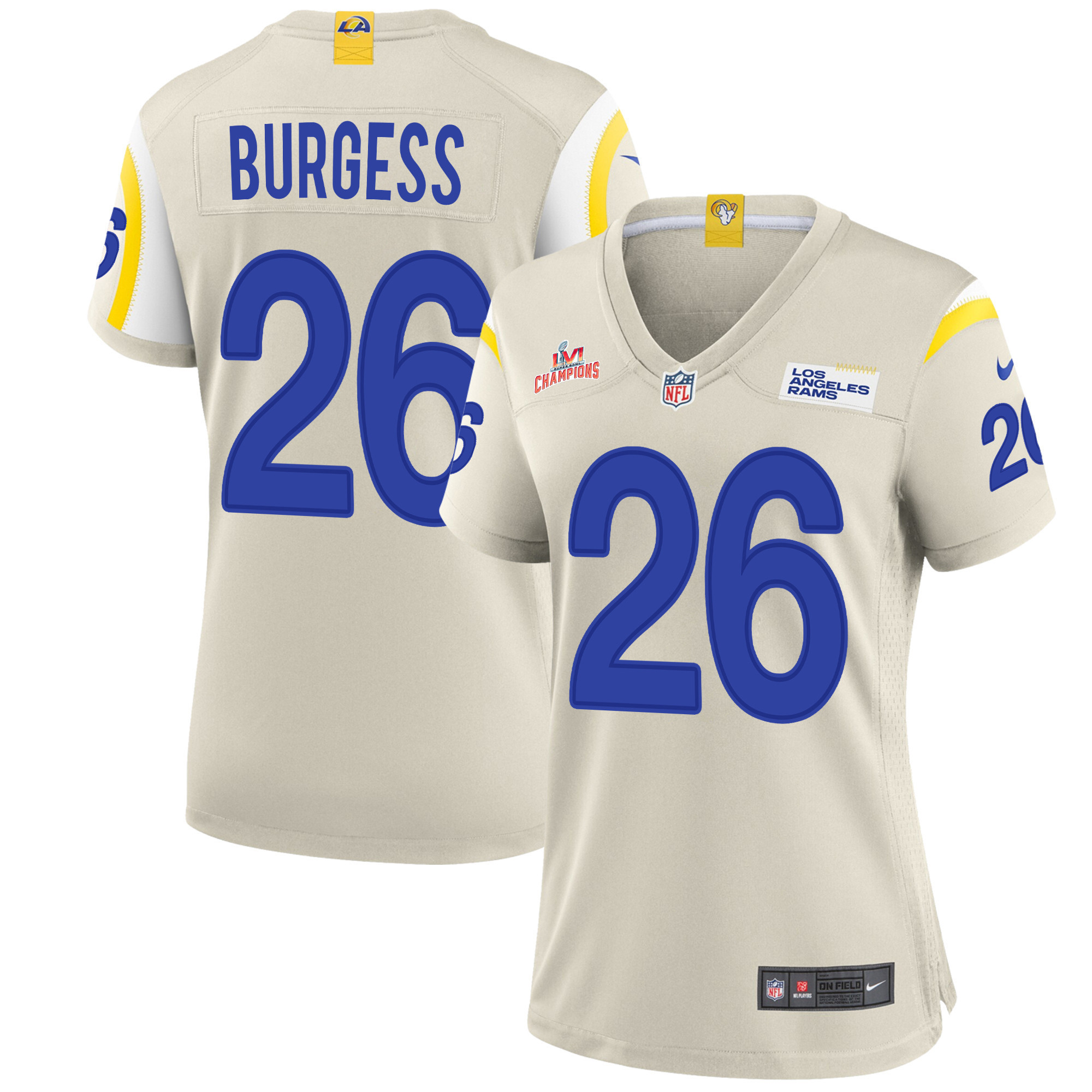 Super Bowl LVI Champions Los Angeles Rams Terrell Burgess 26 Bone Women's Jersey Jersey