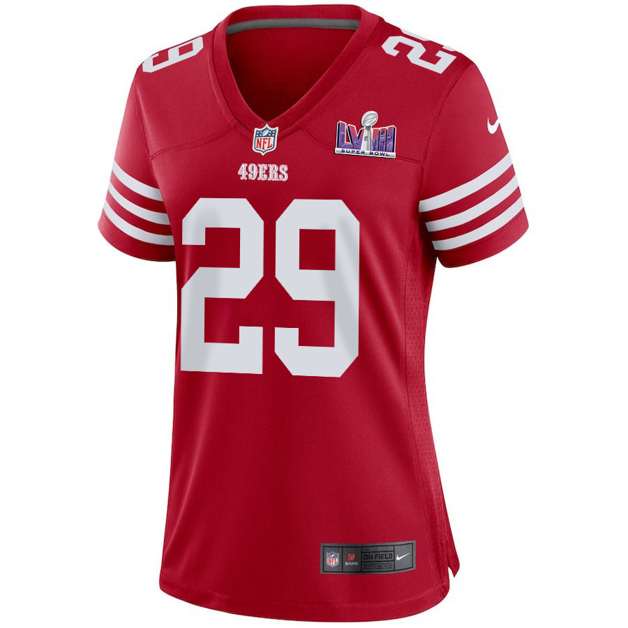 Talanoa Hufanga 29 San Francisco 49ers Super Bowl LVIII Patch Game Women Jersey - Scarlet