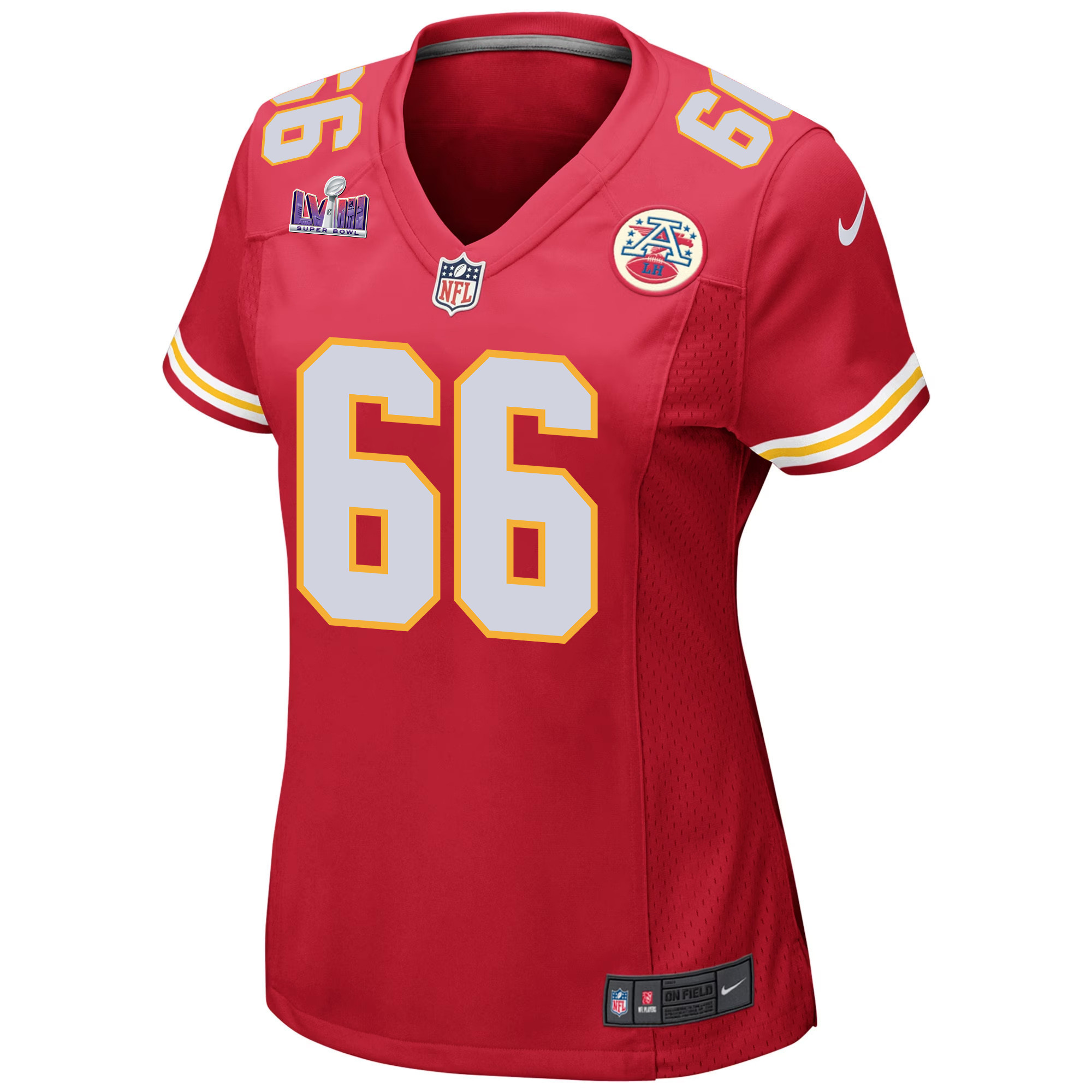 Mike Caliendo 66 Kansas City Chiefs Super Bowl LVIII Patch Game Women Jersey - Red