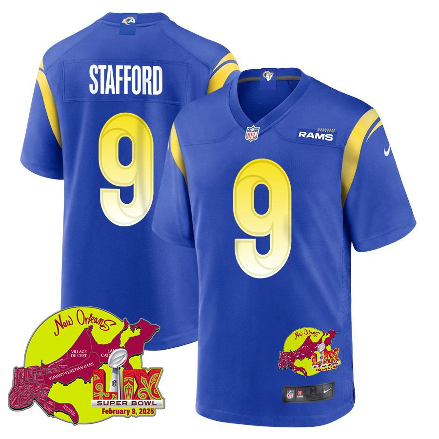 Matthew Stafford 9 Los Angeles Rams Super Bowl LIX New Orleans Patch Game Men Jersey - Royal