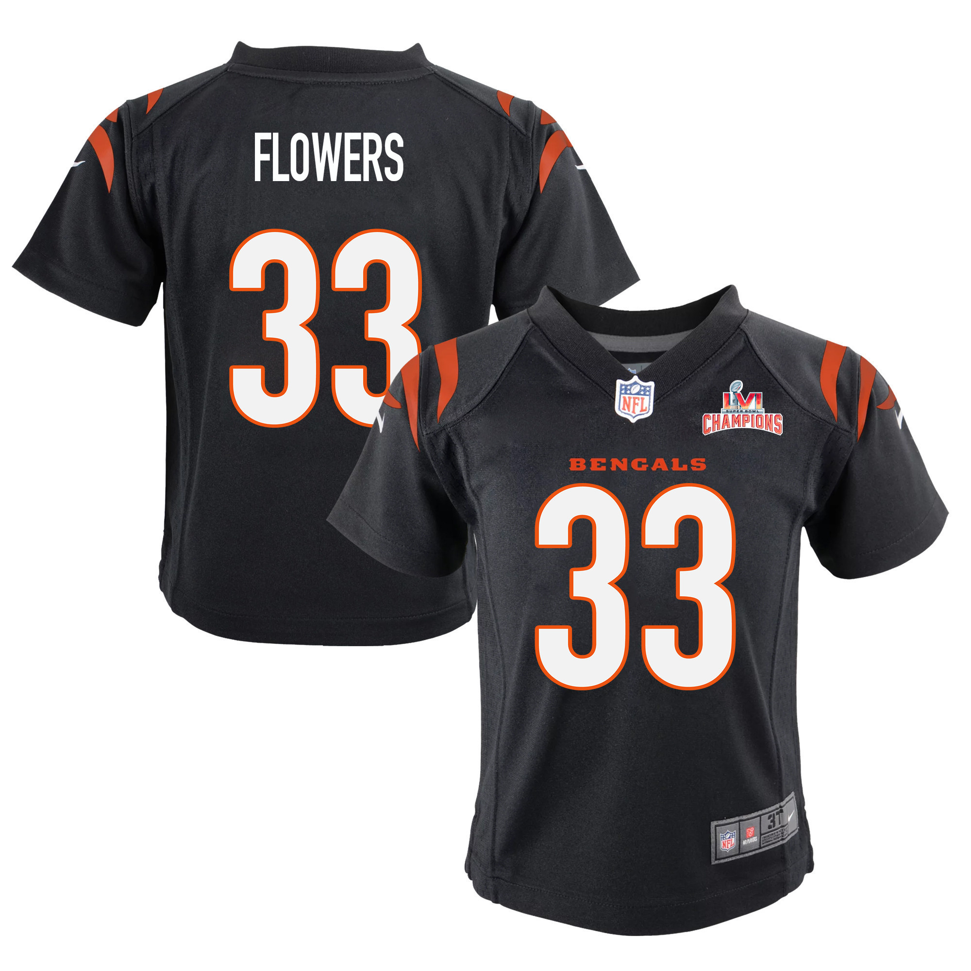 Super Bowl LVI Champions Cincinnati Bengals Tre Flowers 33 Black Youth's Jersey Jersey