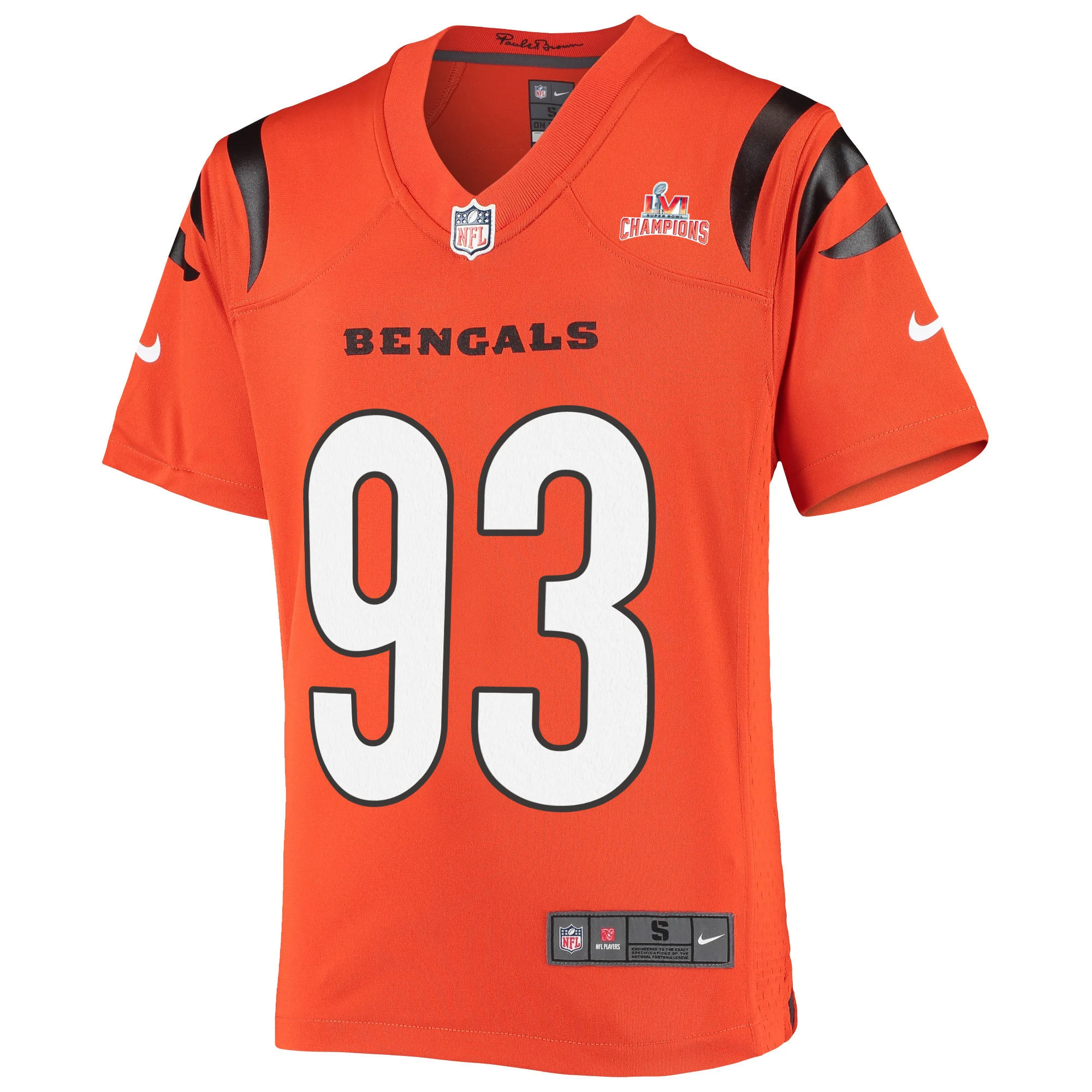 Super Bowl LVI Champions Cincinnati Bengals Wyatt Ray 93 Orange Youth's Jersey Jersey
