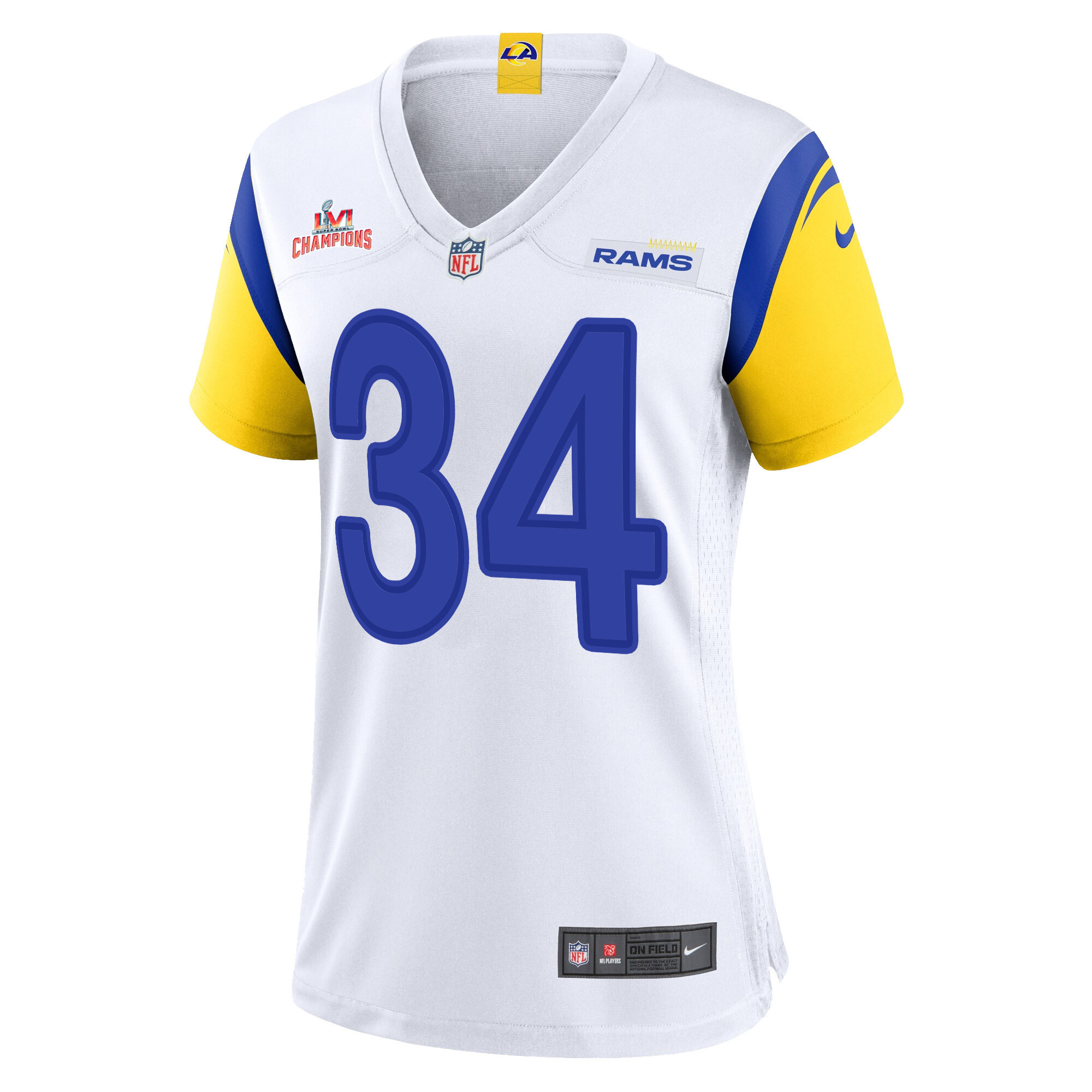 Super Bowl LVI Champions Los Angeles Rams Jake Funk 34 White Women's Jersey Jersey