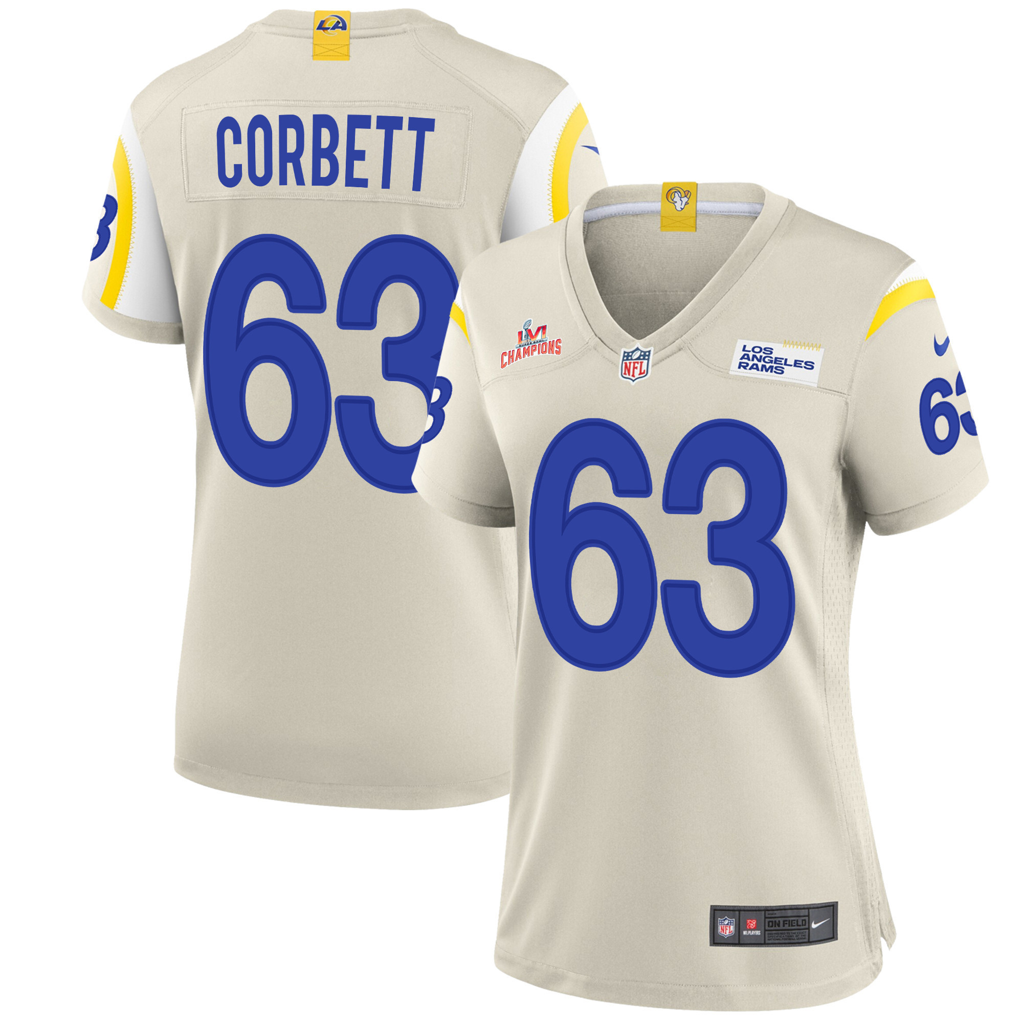 Super Bowl LVI Champions Los Angeles Rams Austin Corbett 63 Bone Women's Jersey Jersey