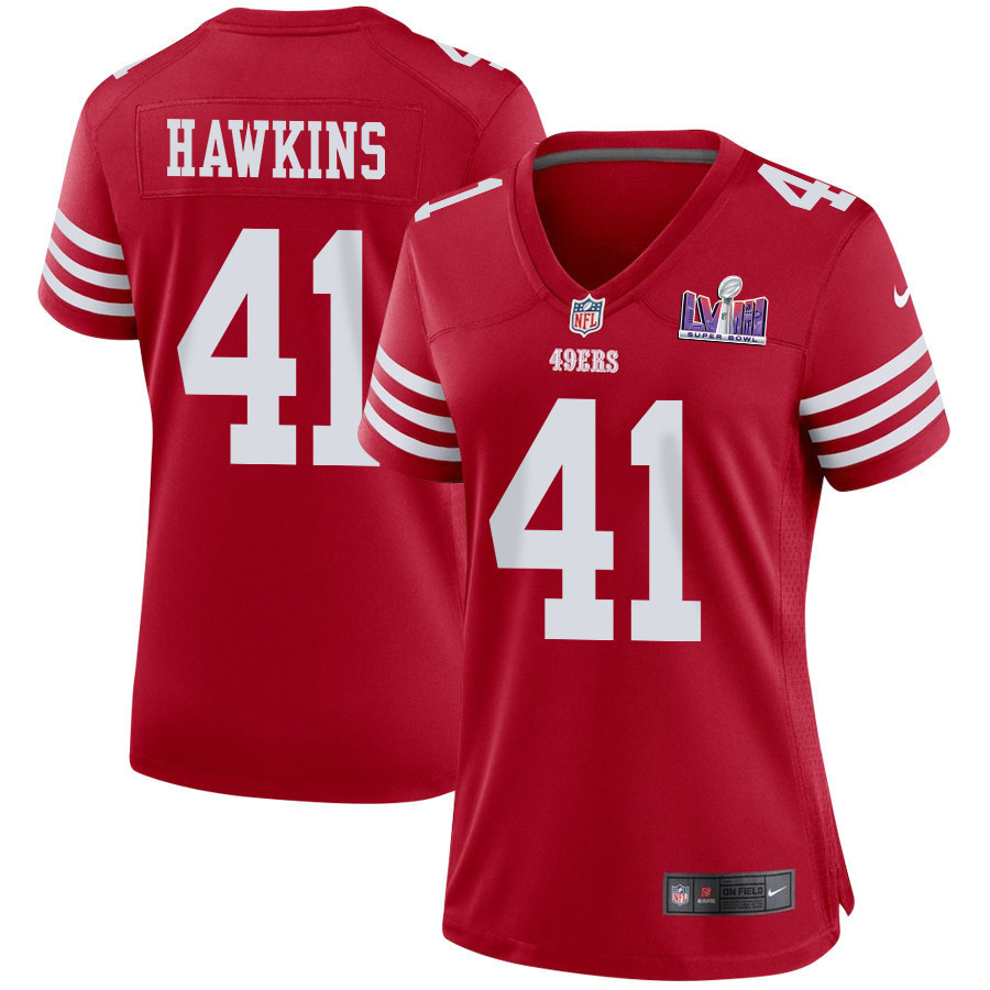 Tayler Hawkins 41 San Francisco 49ers Super Bowl LVIII Patch Game Women Jersey - Scarlet