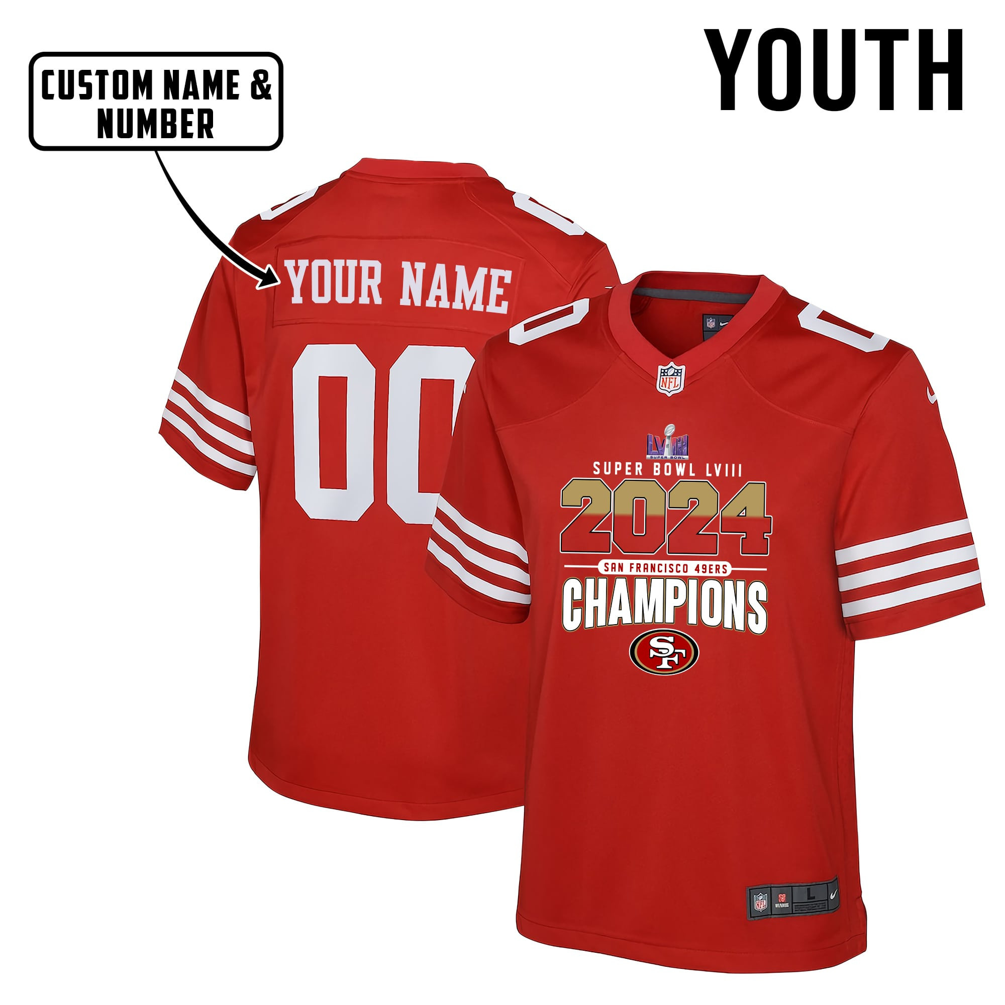 San Francisco 49ers Super Bowl LVIII 2024 Game YOUTH Jersey - Red V5