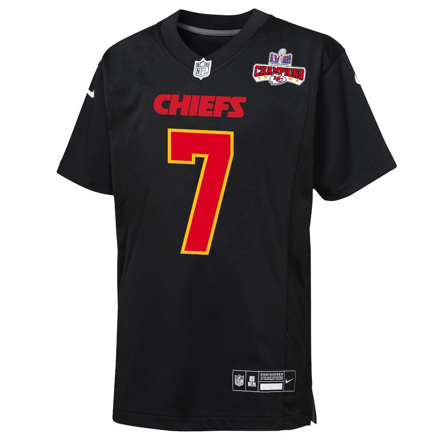 Harrison Butker 7 Kansas City Chiefs Super Bowl LVIII Champions 4 Stars Patch Fashion Game YOUTH Jersey - Carbon Black