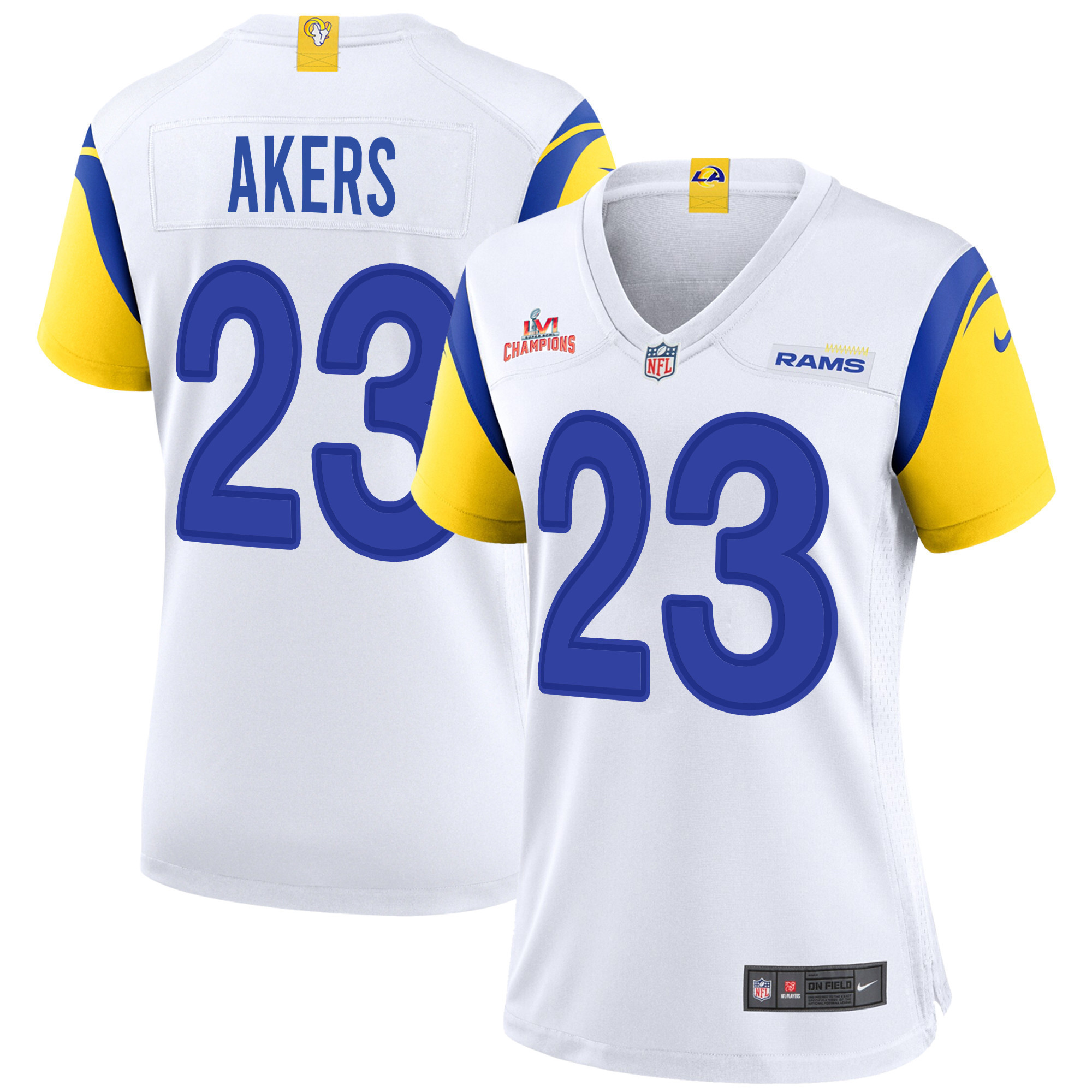 Super Bowl LVI Champions Los Angeles Rams Cam Akers 23 White Women's Jersey Jersey
