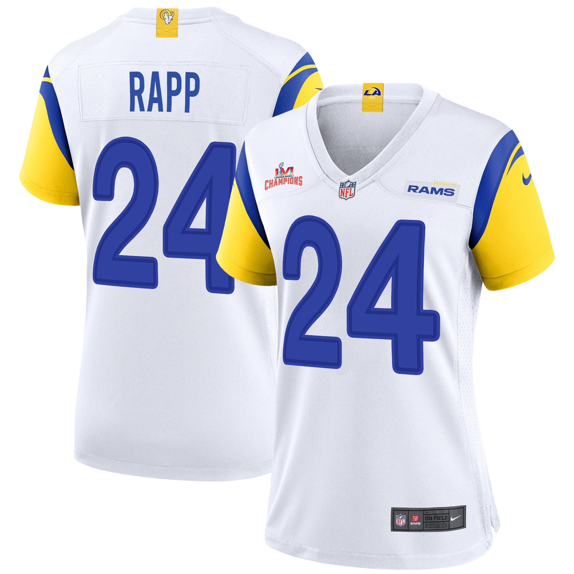Super Bowl LVI Champions Los Angeles Rams Taylor Rapp 24 White Women's Jersey Jersey