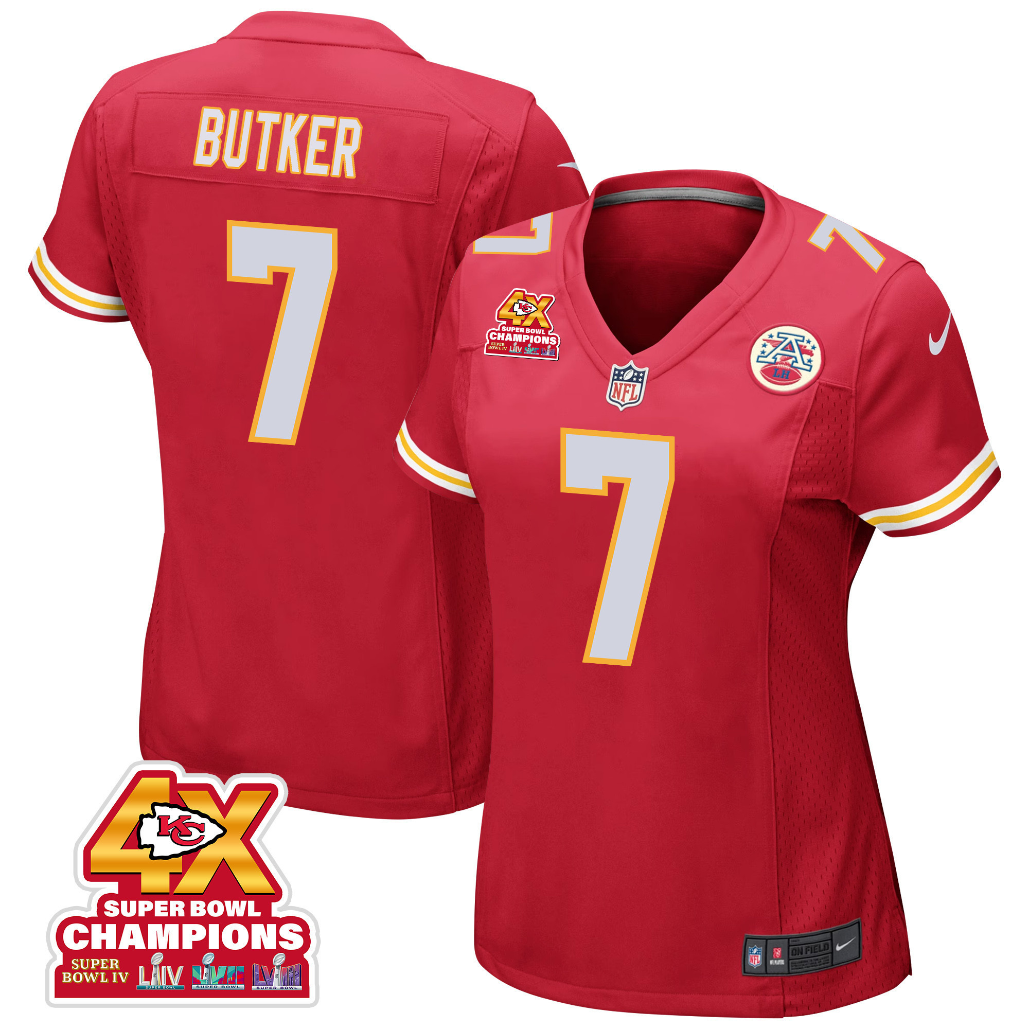 Harrison Butker 7 Kansas City Chiefs Super Bowl LVIII Champions 4X Game Women Jersey - Red