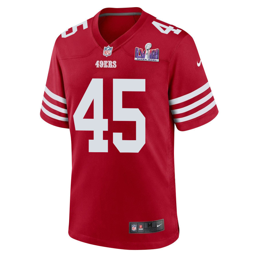 Demetrius Flannigan-Fowles 45 San Francisco 49ers Super Bowl LVIII Patch Game Men Jersey - Scarlet