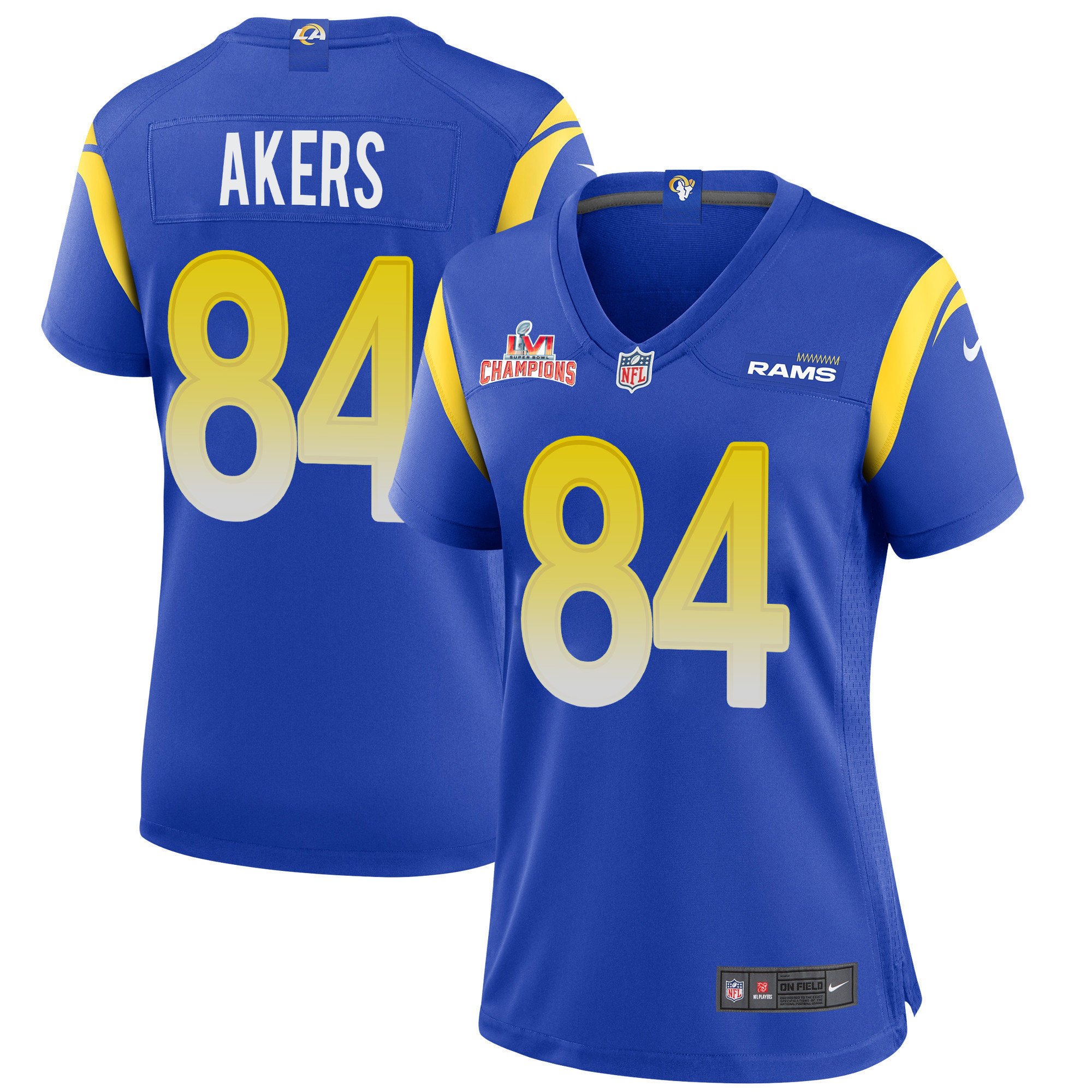 Super Bowl LVI Champions Los Angeles Rams Landen Akers 84 Royal Women's Jersey Jersey