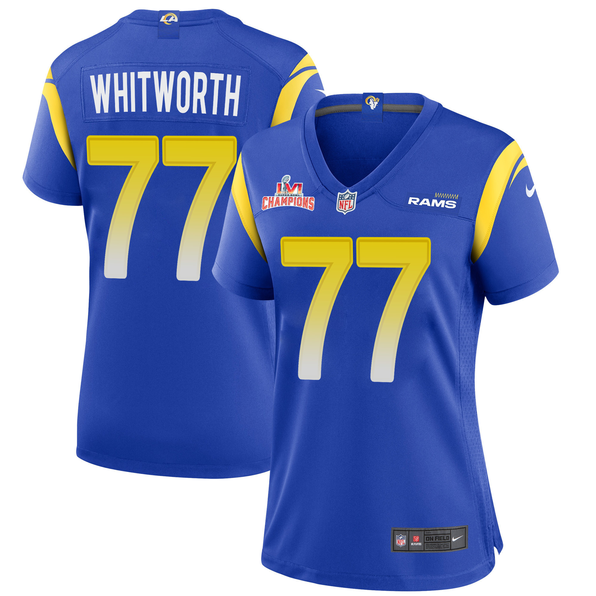Super Bowl LVI Champions Los Angeles Rams Andrew Whitworth 77 Royal Women's Jersey Jersey