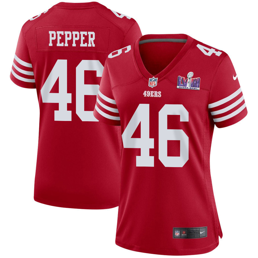 Taybor Pepper 46 San Francisco 49ers Super Bowl LVIII Patch Game Women Jersey - Scarlet