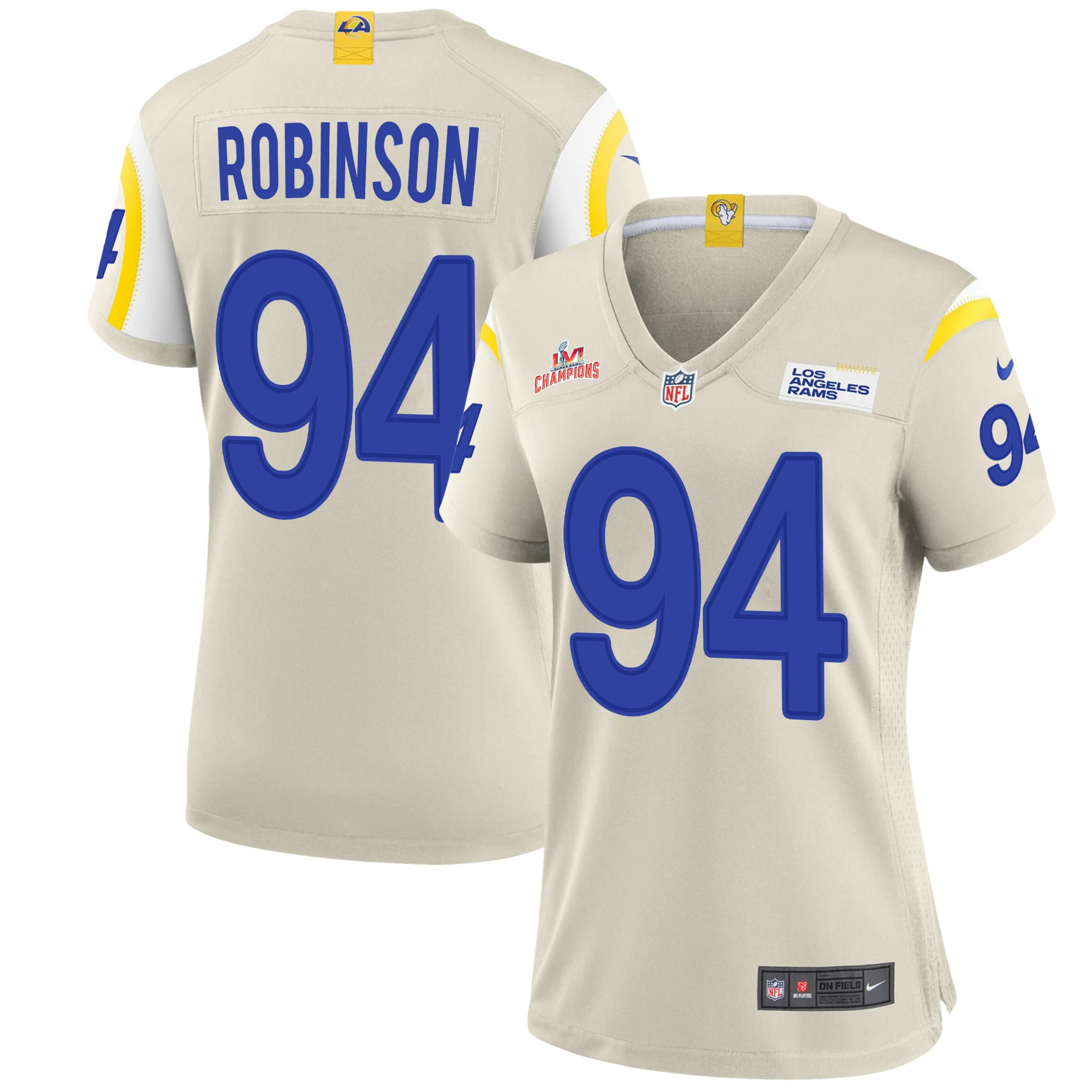 Super Bowl LVI Champions Los Angeles Rams A'Shawn Robinson 94 Bone Women's Jersey Jersey