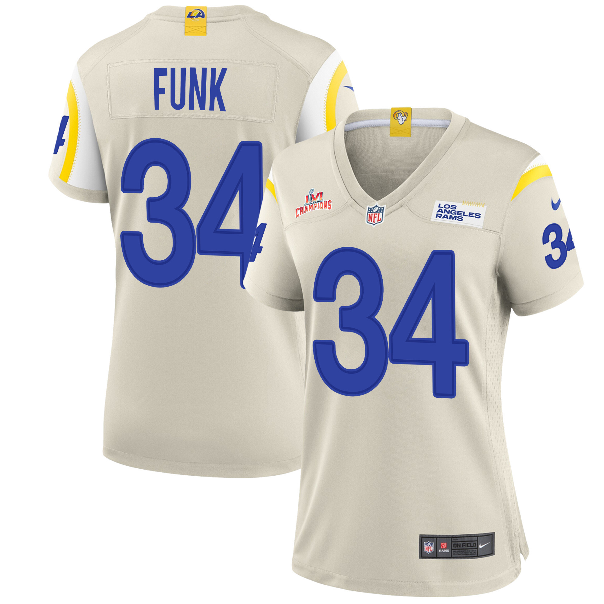 Super Bowl LVI Champions Los Angeles Rams Jake Funk 34 Bone Women's Jersey Jersey