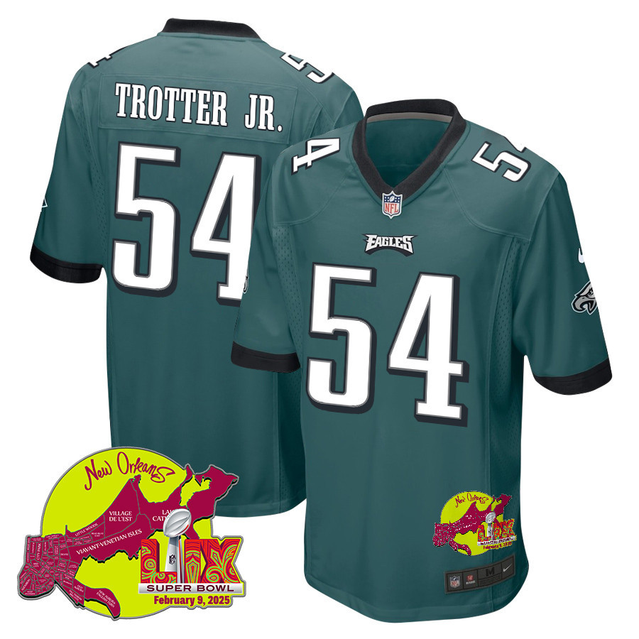 Jeremiah Trotter Jr. 54 Philadelphia Eagles Super Bowl LIX New Orleans Patch Game Men Jersey - Midnight Green