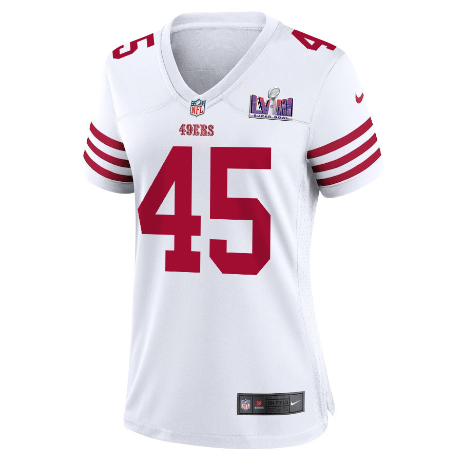 Demetrius Flannigan-Fowles 45 San Francisco 49ers Super Bowl LVIII Patch Game Women Jersey - White