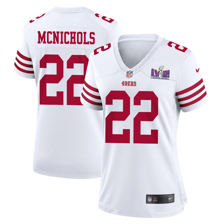 Jeremy McNichols 22 San Francisco 49ers Super Bowl LVIII Patch Game Women Jersey - White