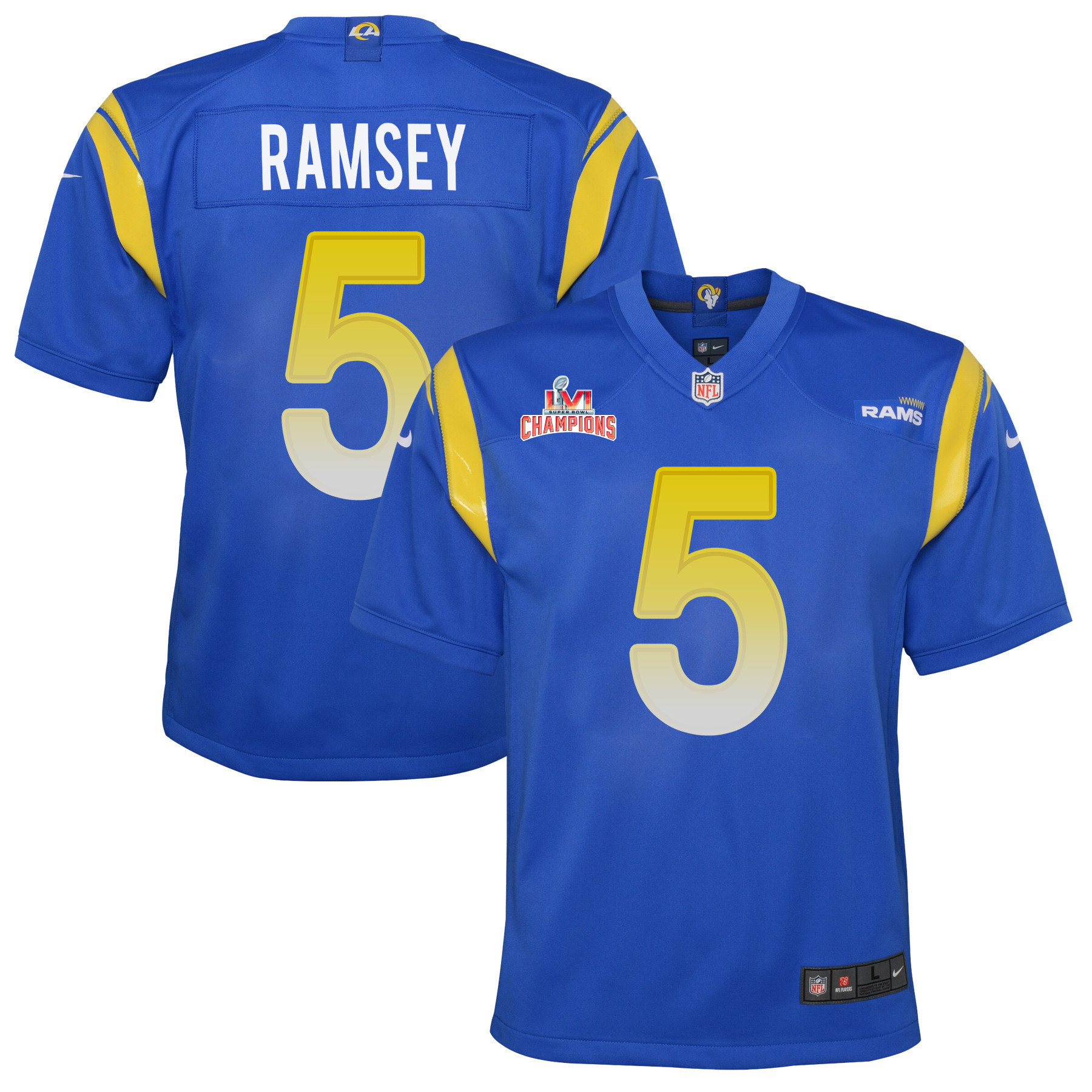 Super Bowl LVI Champions Los Angeles Rams Jalen Ramsey 5 Royal Youth's Jersey Jersey