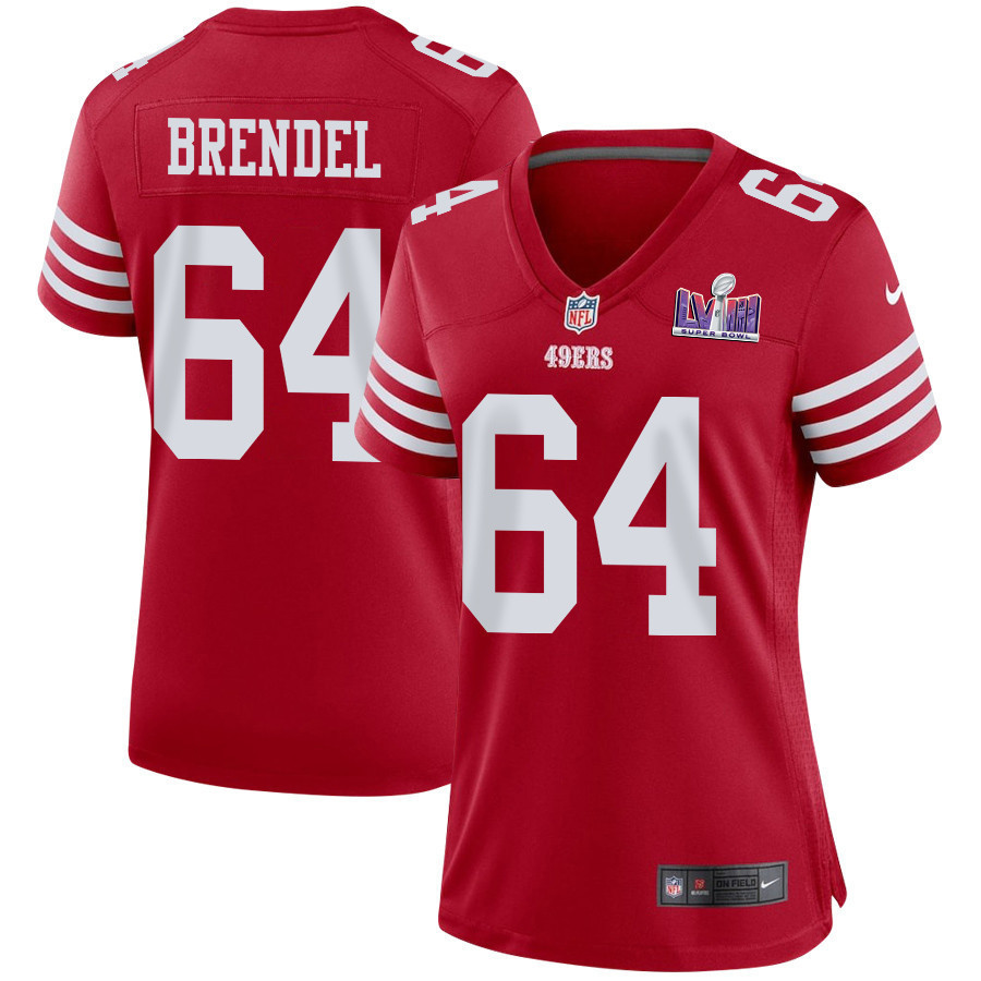 Jake Brendel 64 San Francisco 49ers Super Bowl LVIII Patch Game Women Jersey - Scarlet