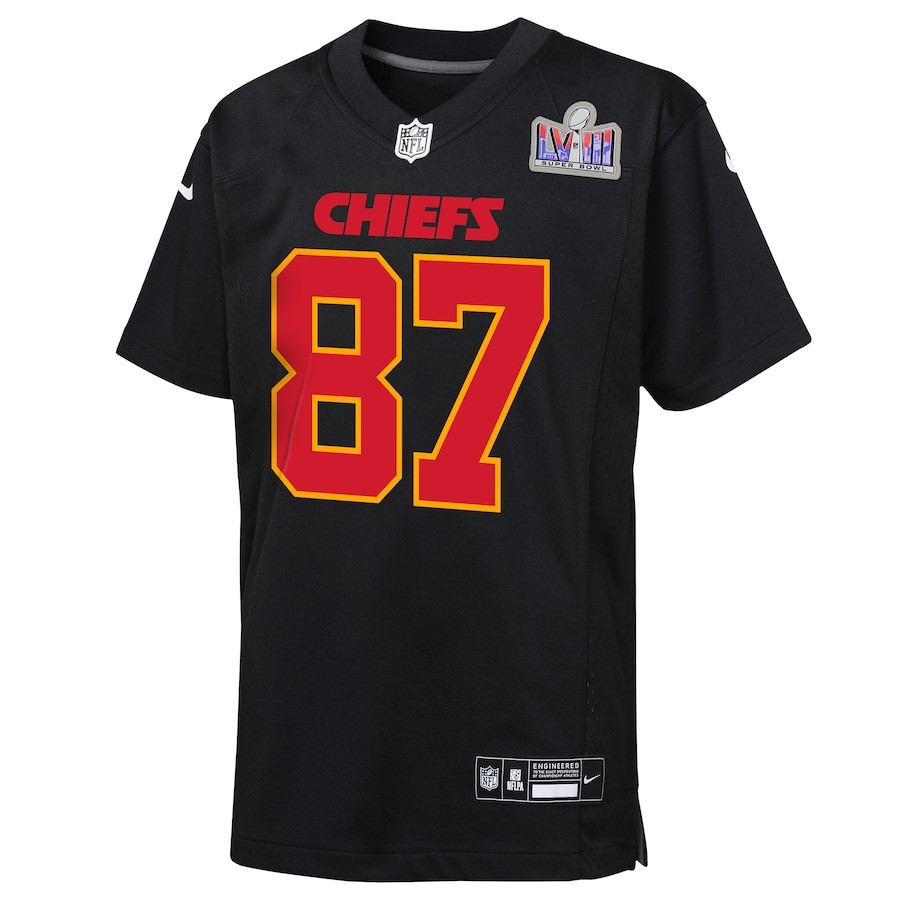 Travis Kelce 87 Kansas City Chiefs Super Bowl LVIII Patch Fashion Game YOUTH Jersey - Carbon Black