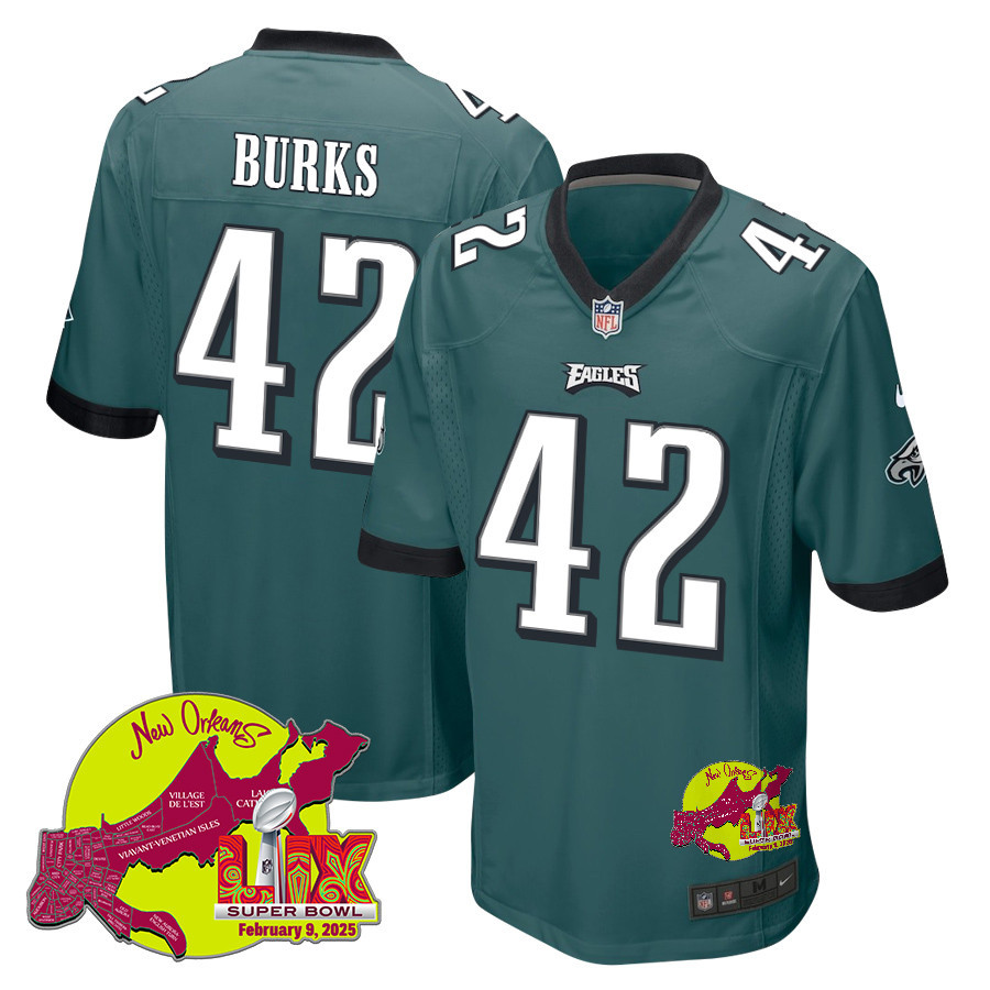Oren Burks 42 Philadelphia Eagles Super Bowl LIX New Orleans Patch Game Men Jersey - Midnight Green