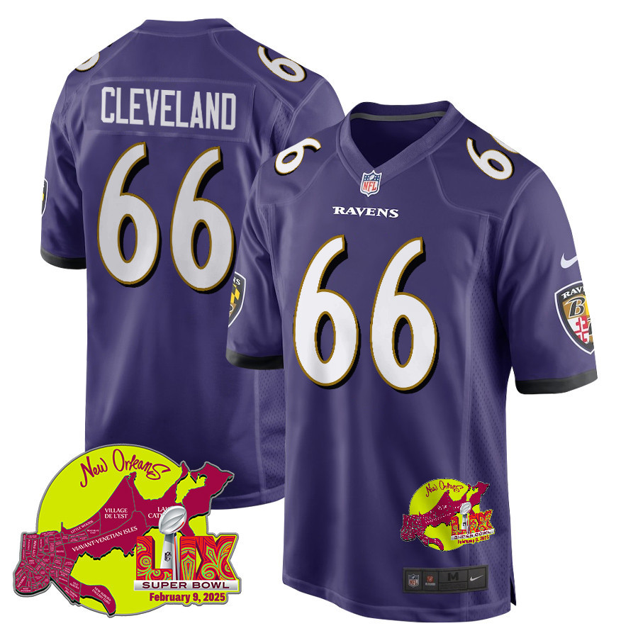 Ben Cleveland 66 Baltimore Ravens Super Bowl LIX New Orleans Patch Game Men Jersey - Purple