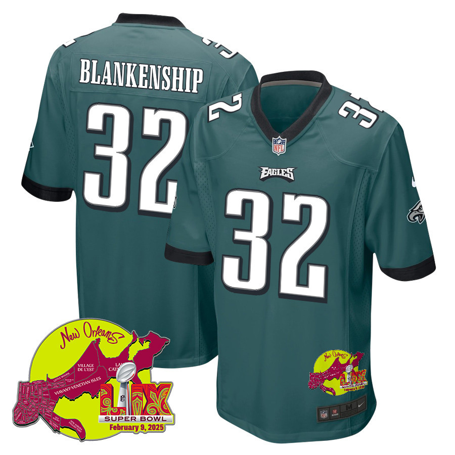 Reed Blankenship 32 Philadelphia Eagles Super Bowl LIX New Orleans Patch Game Men Jersey - Midnight Green