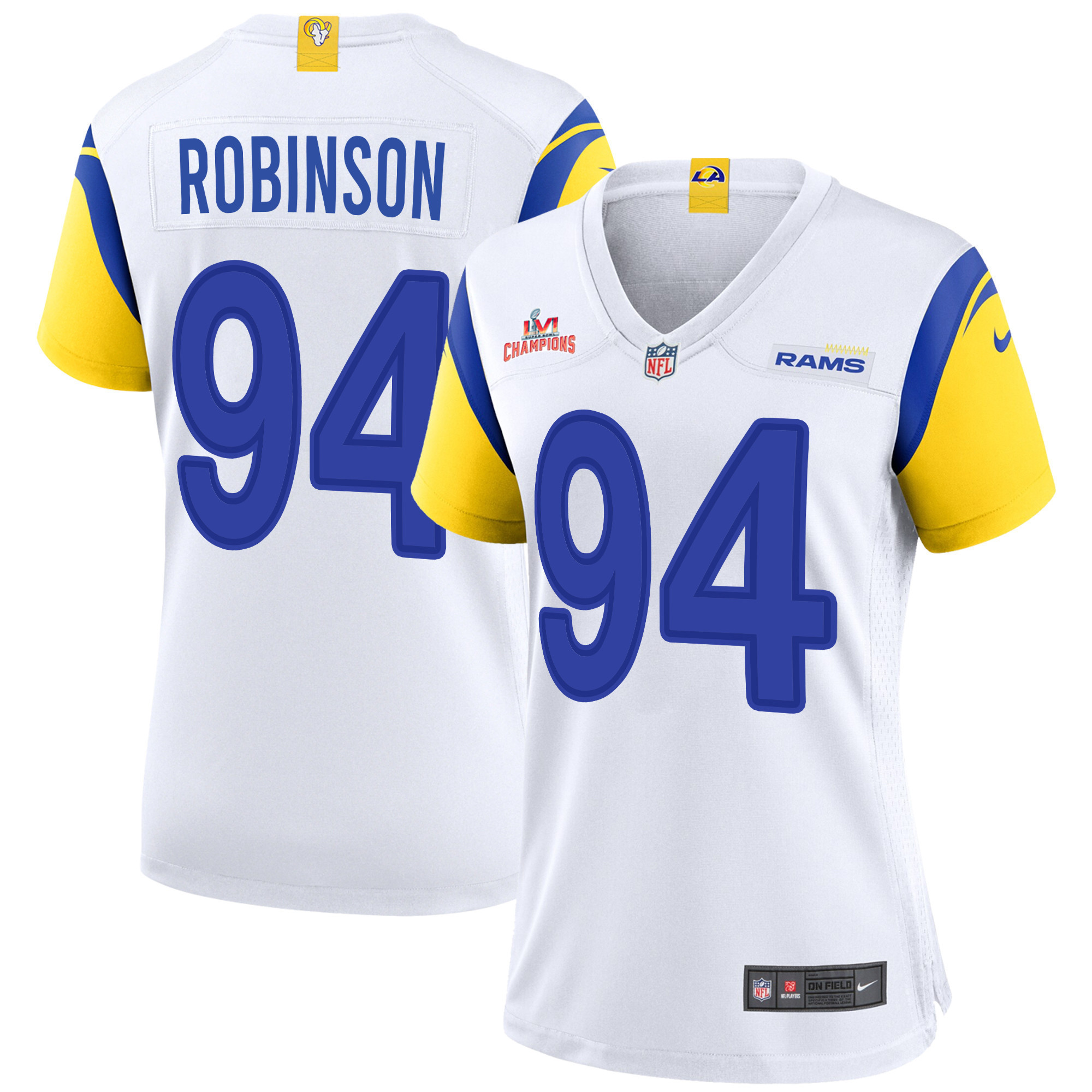 Super Bowl LVI Champions Los Angeles Rams A'Shawn Robinson 94 White Women's Jersey Jersey