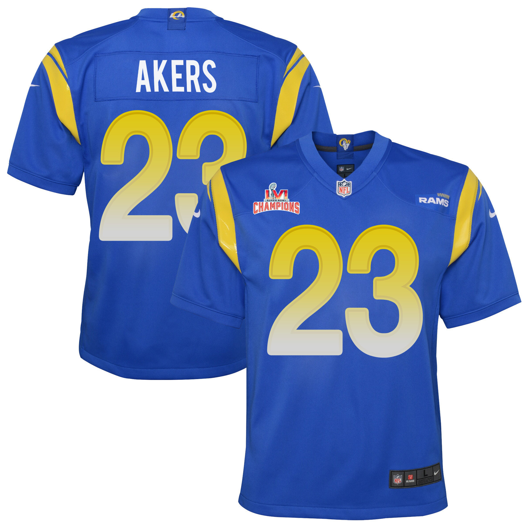 Super Bowl LVI Champions Los Angeles Rams Cam Akers 23 Royal Youth's Jersey Jersey