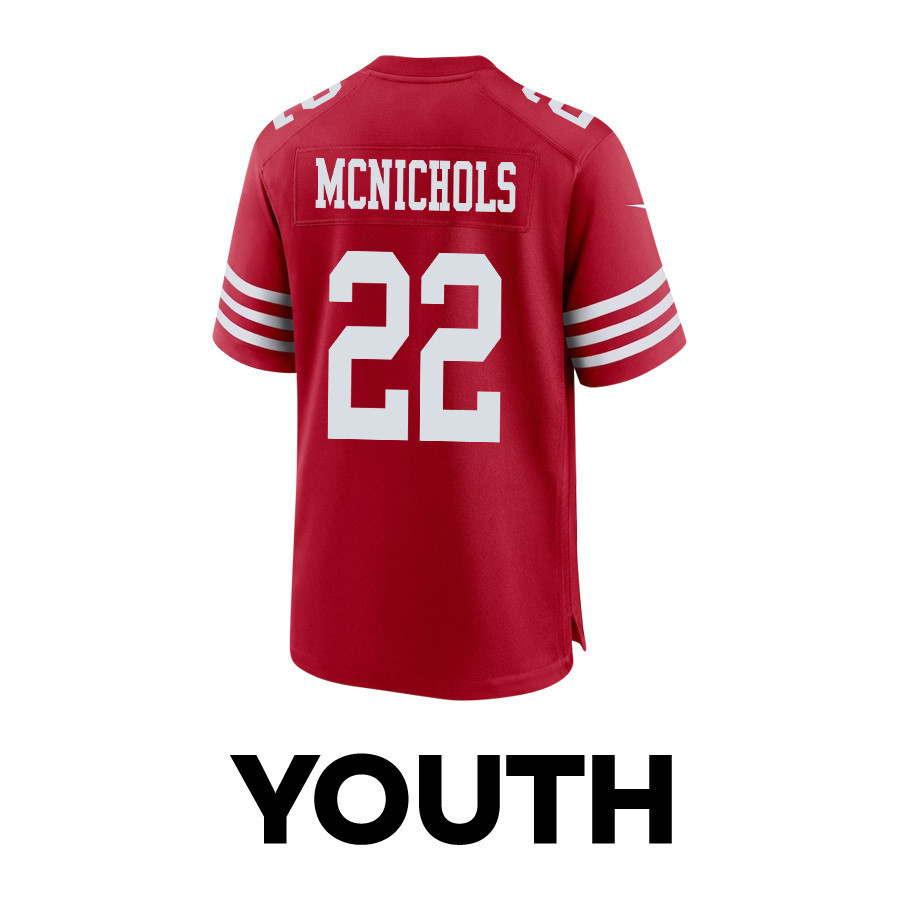 Jeremy McNichols 22 San Francisco 49ers Super Bowl LVIII Patch Game YOUTH Jersey - Scarlet