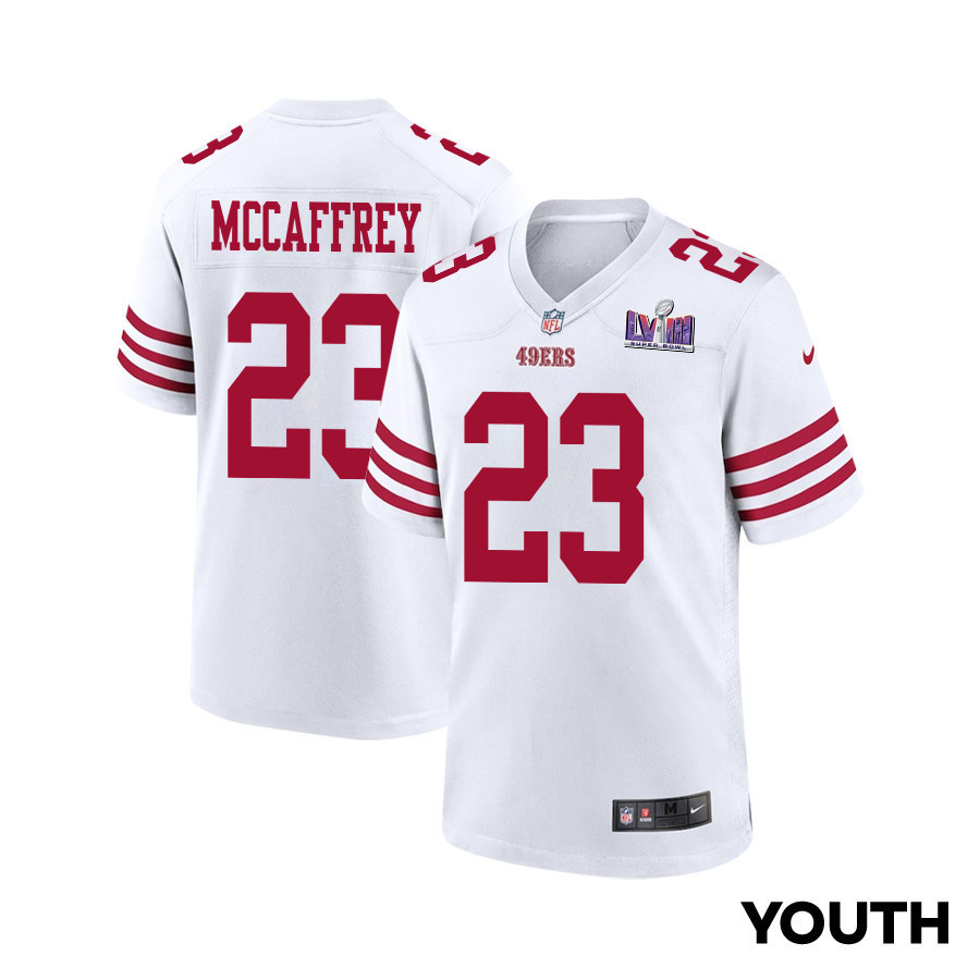 Christian McCaffrey 23 San Francisco 49ers Super Bowl LVIII Patch Game YOUTH Jersey - White
