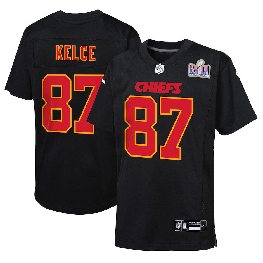 Travis Kelce 87 Kansas City Chiefs Super Bowl LVIII Patch Fashion Game YOUTH Jersey - Carbon Black