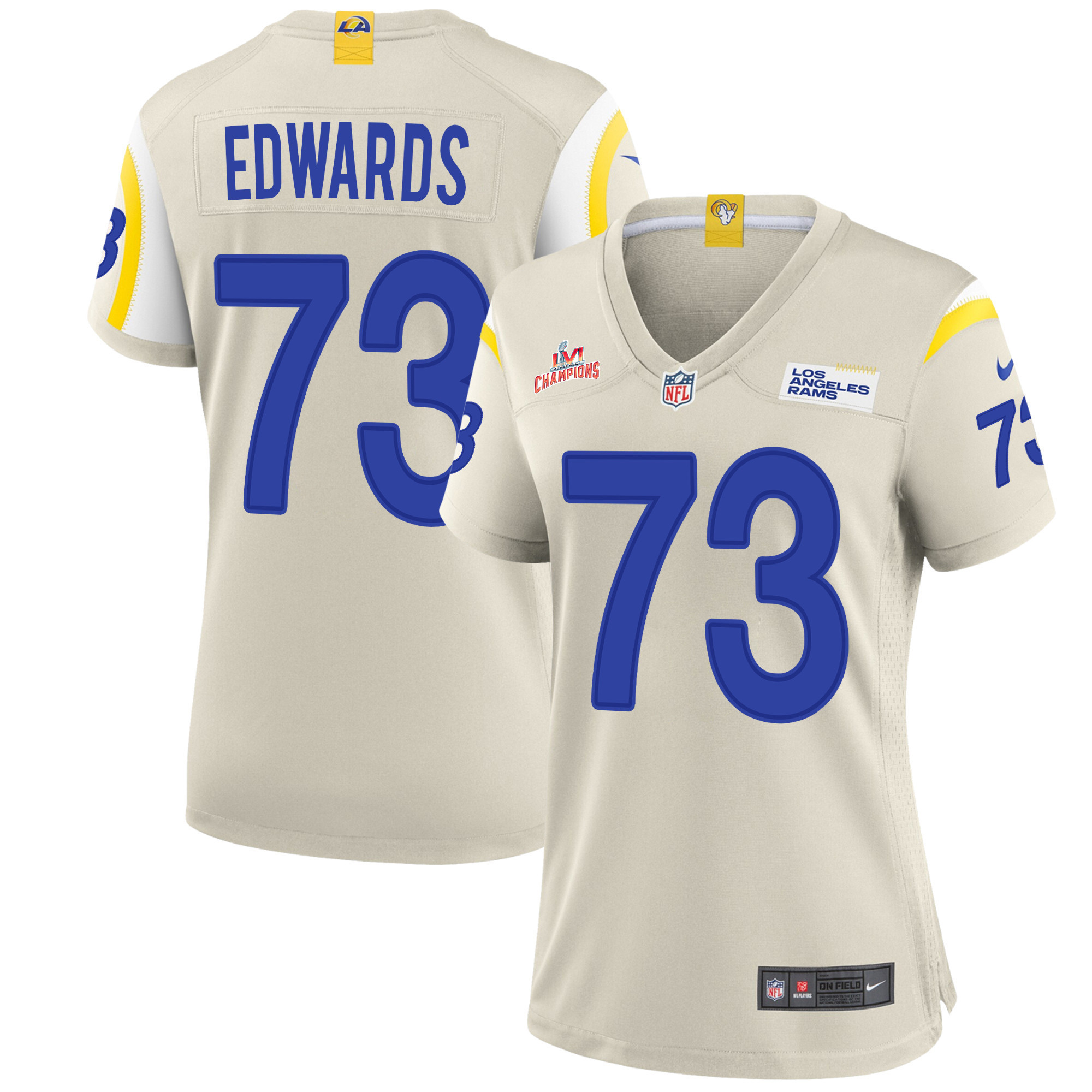 Super Bowl LVI Champions Los Angeles Rams David Edwards 73 Bone Women's Jersey Jersey