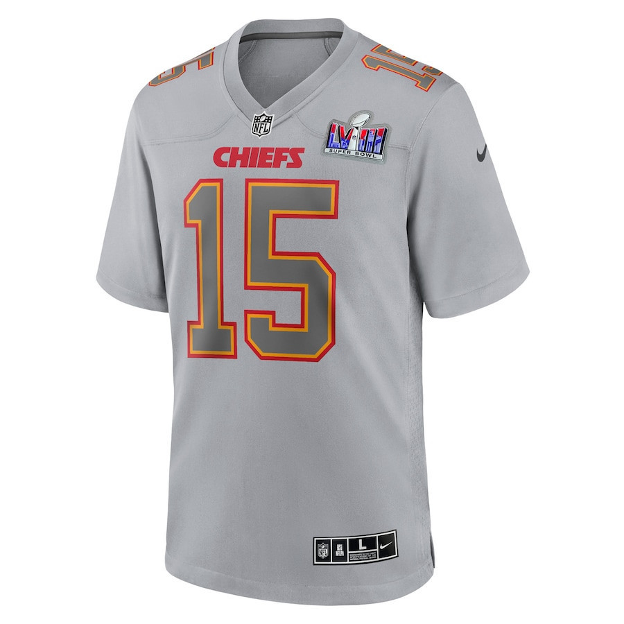 Patrick Mahomes 15 Kansas City Chiefs Super Bowl LVIII Atmosphere Fashion Game Men Jersey - Gray