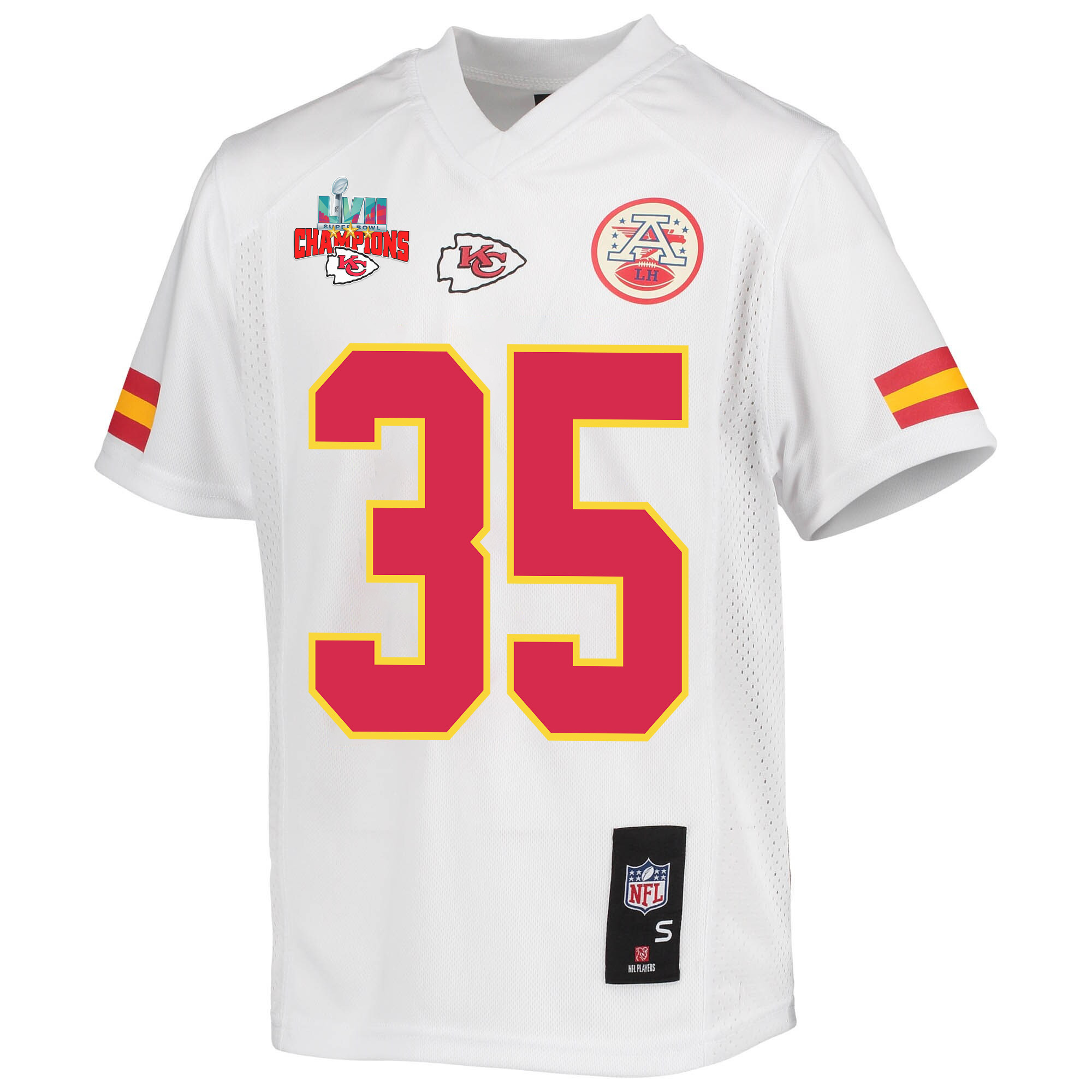 Jaylen Watson 35 Kansas City Chiefs Super Bowl LVII Champions 3 Stars Youth Game Jersey - White