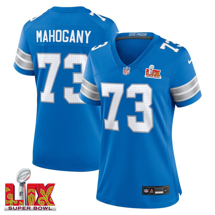 Christian Mahogany #73 Detroit Lions Super Bowl LIX Women's Jersey - Blue