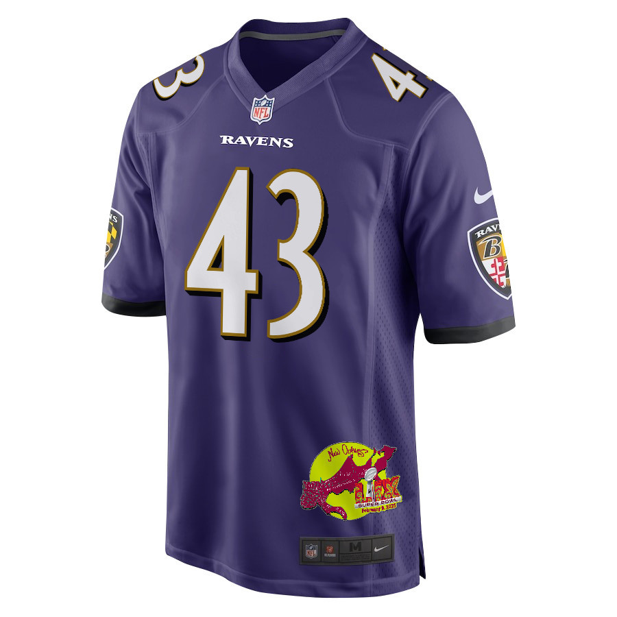 Justice Hill 43 Baltimore Ravens Super Bowl LIX New Orleans Patch Game Men Jersey - Purple