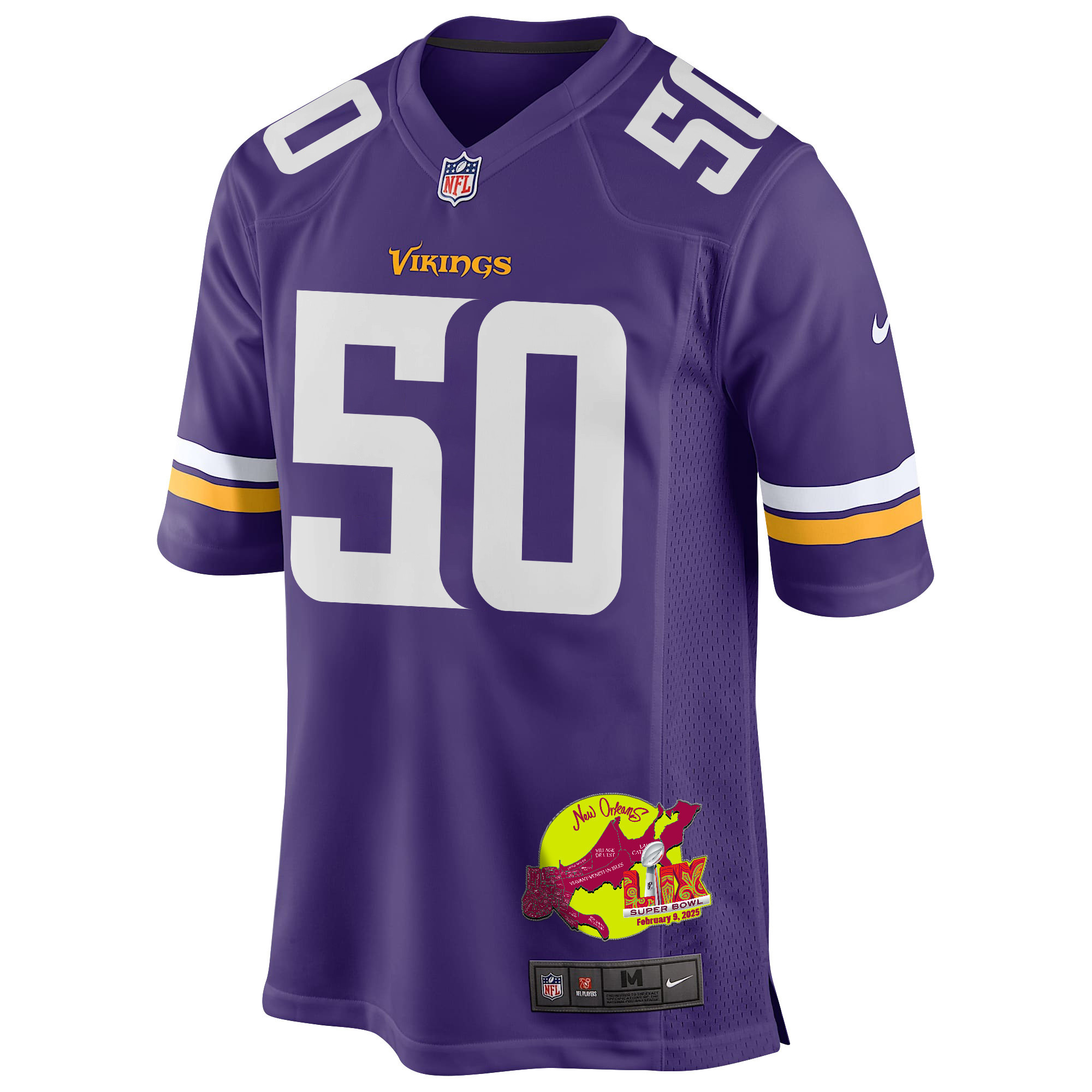 Levi Drake Rodriguez 50 Minnesota Vikings Super Bowl LIX New Orleans Patch Game Men Jersey - Purple