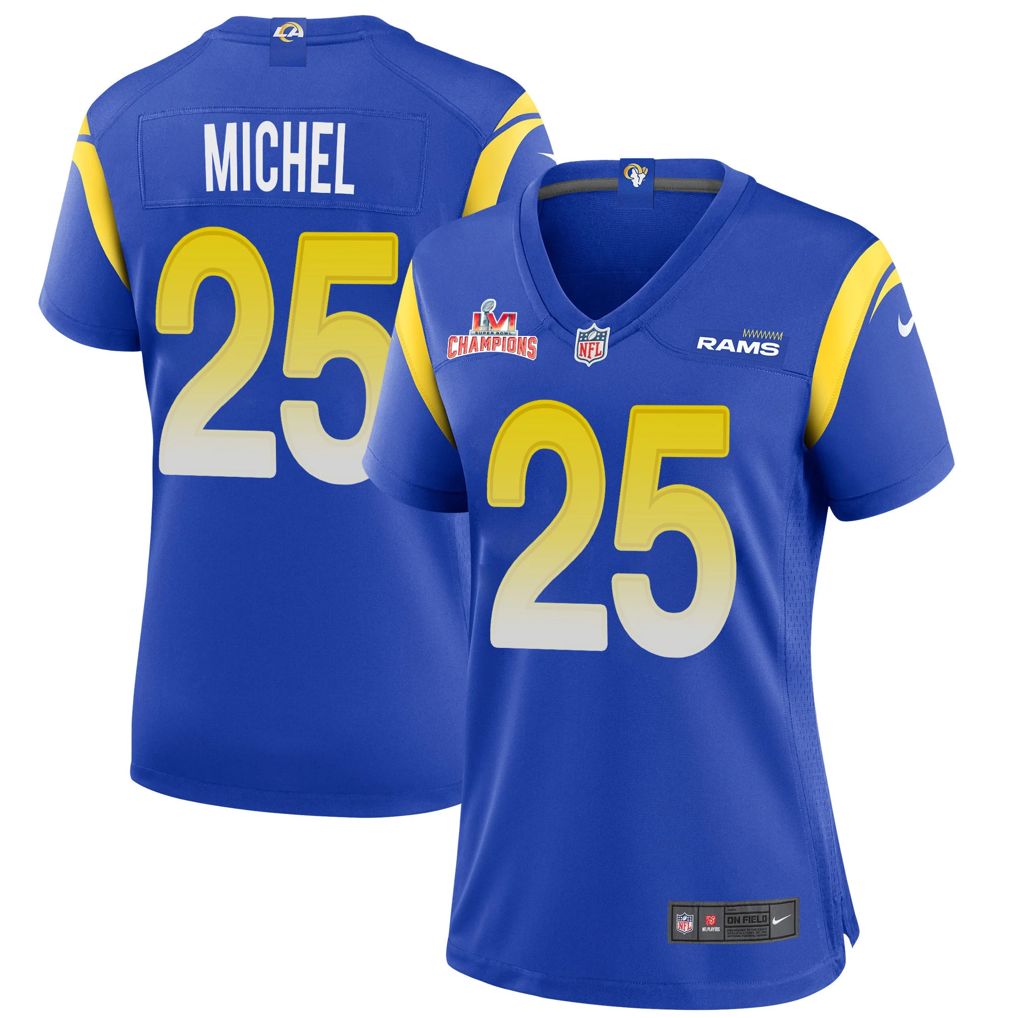 Super Bowl LVI Champions Los Angeles Rams Sony Michel 25 Royal Women's Jersey Jersey