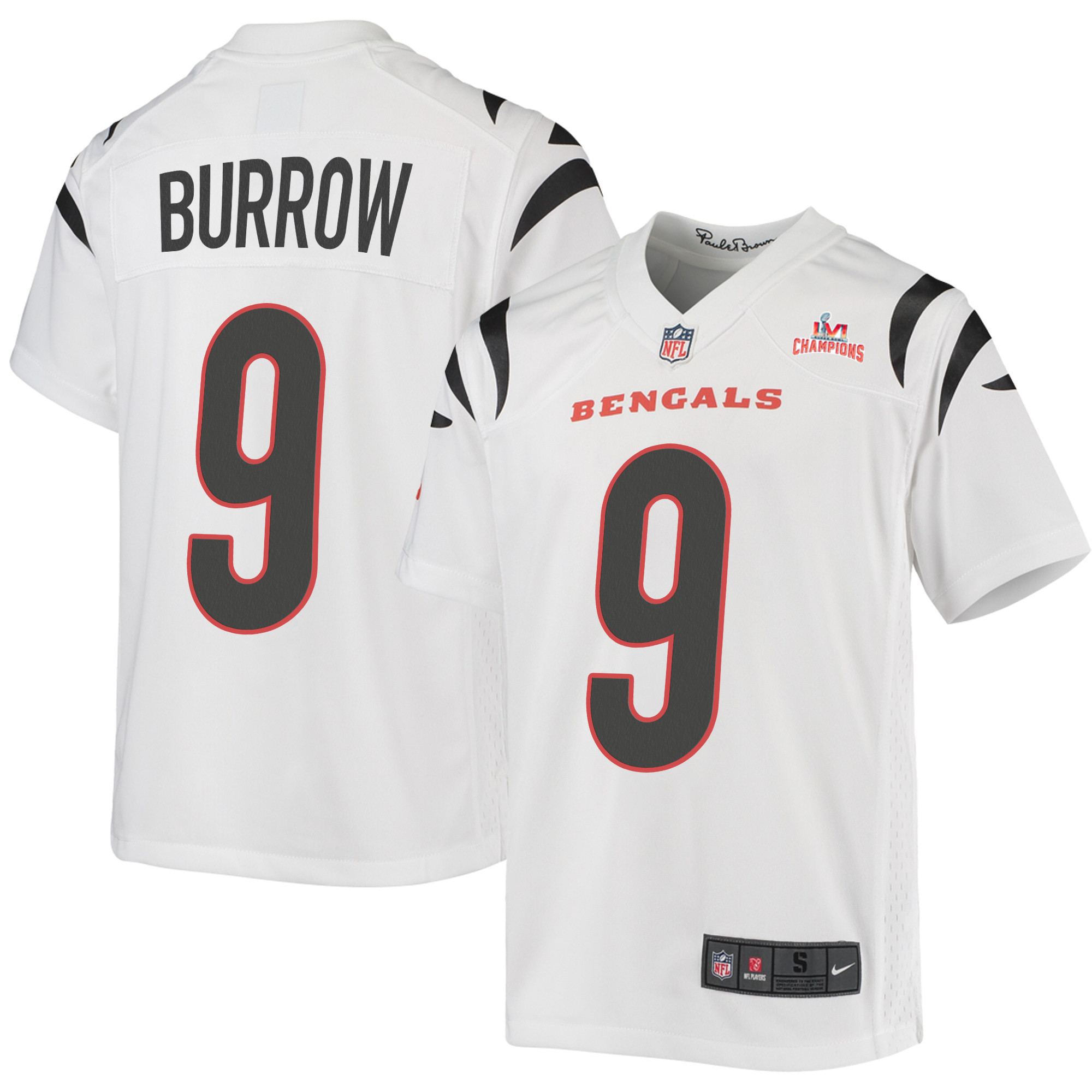 Super Bowl LVI Champions Cincinnati Bengals Joe Burrow 9 White Youth's Jersey Jersey