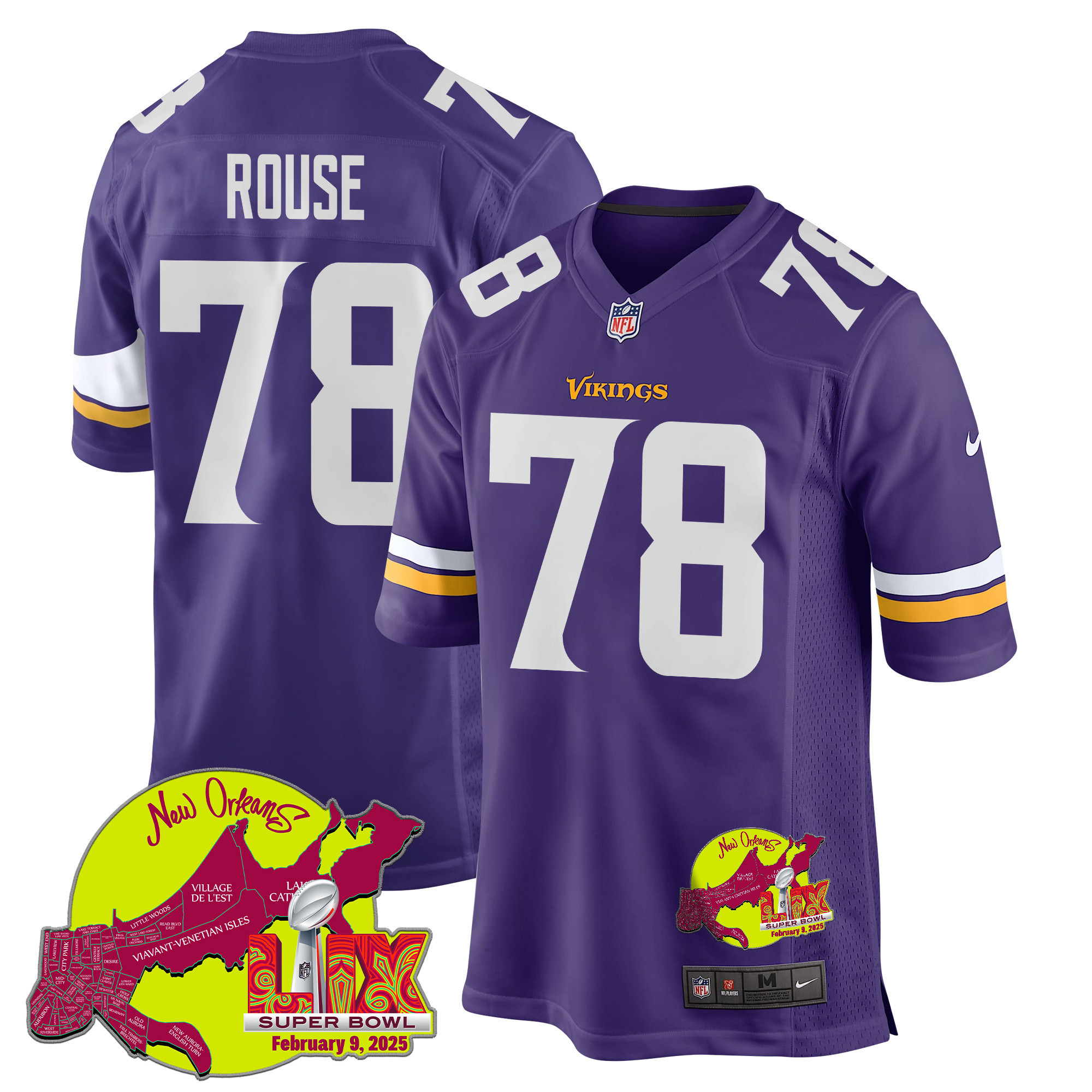Walter Rouse 78 Minnesota Vikings Super Bowl LIX New Orleans Patch Game Men Jersey - Purple