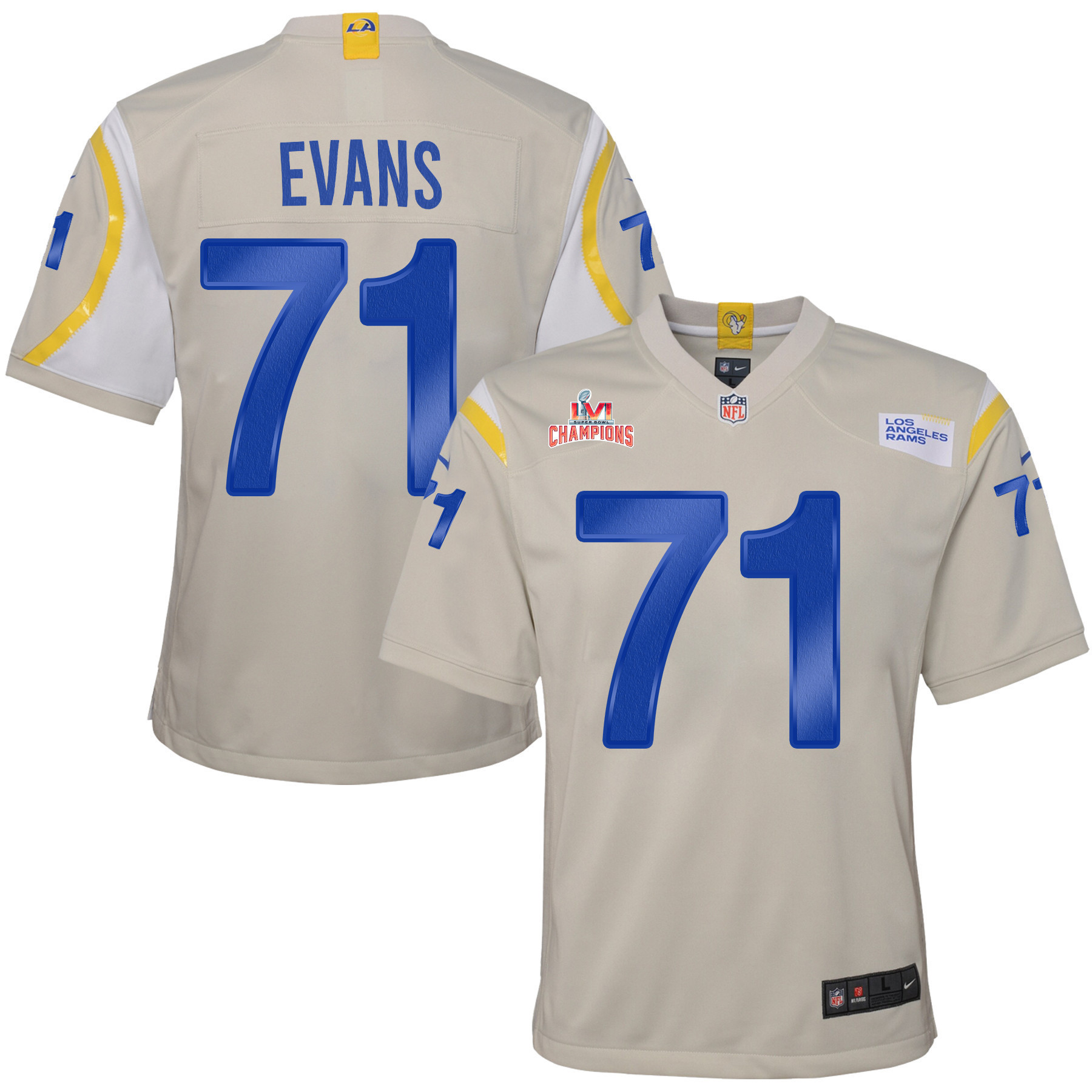 Super Bowl LVI Champions Los Angeles Rams Bobby Evans 71 Bone Youth's Jersey Jersey